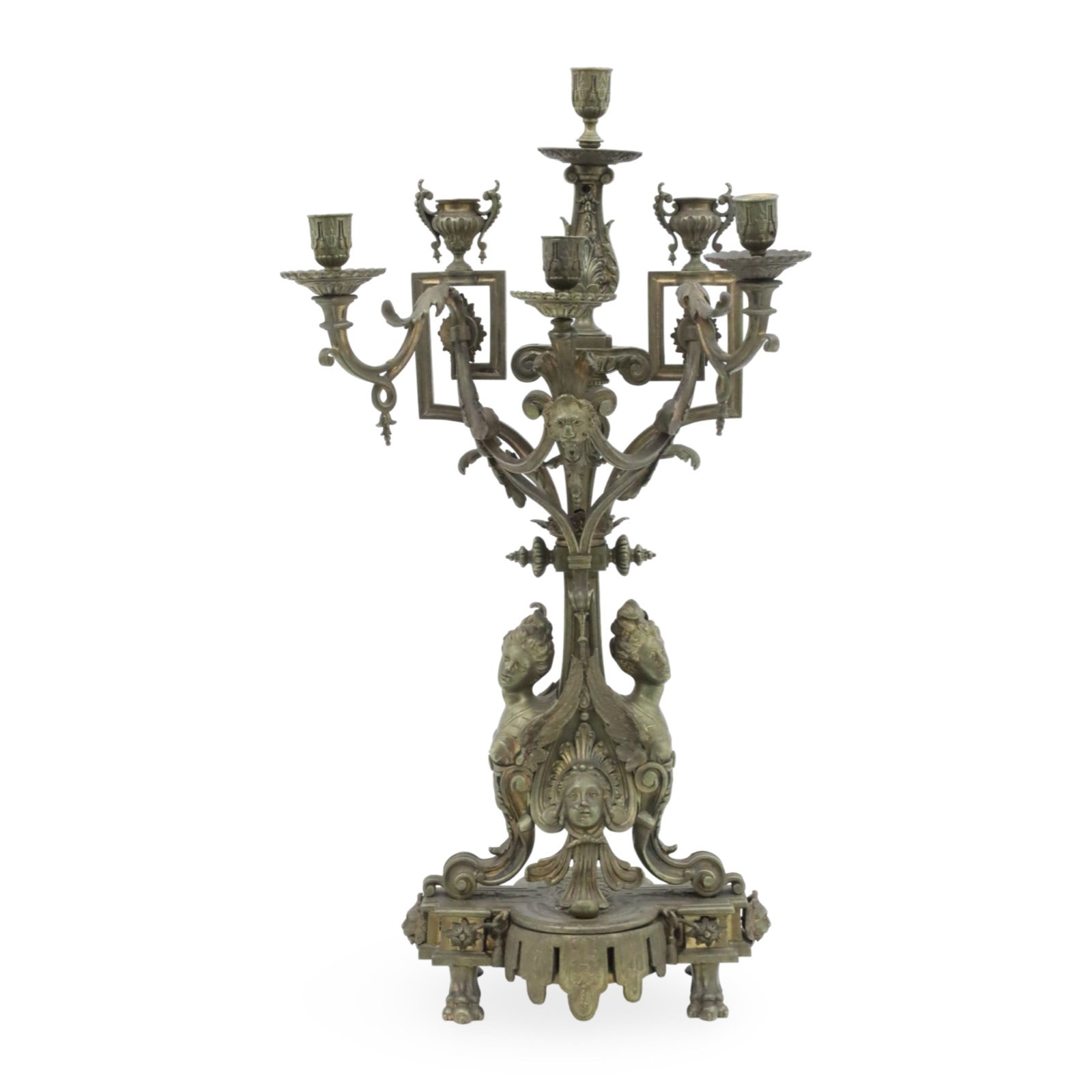 NAPOLEAN III GILT BRONZE CANDELABRA, 19TH C.: Napolean III gilt bronze six light candelabra, the column with center mask mount and caryatid surmounts, resting on footed plinth, 19th century; 31"H 21"W 10"D