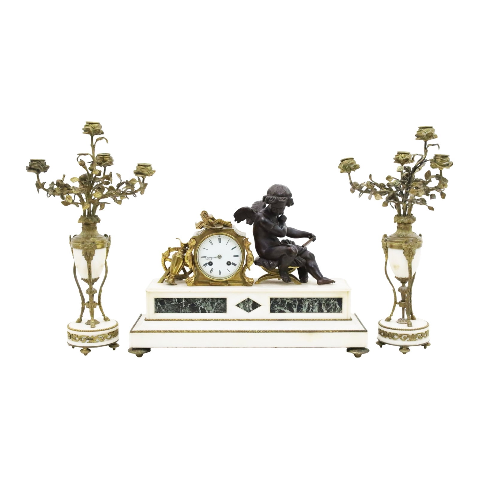 3PC FRENCH BRONZE AND MARBLE CLOCK GARNITURE (1 of 7)