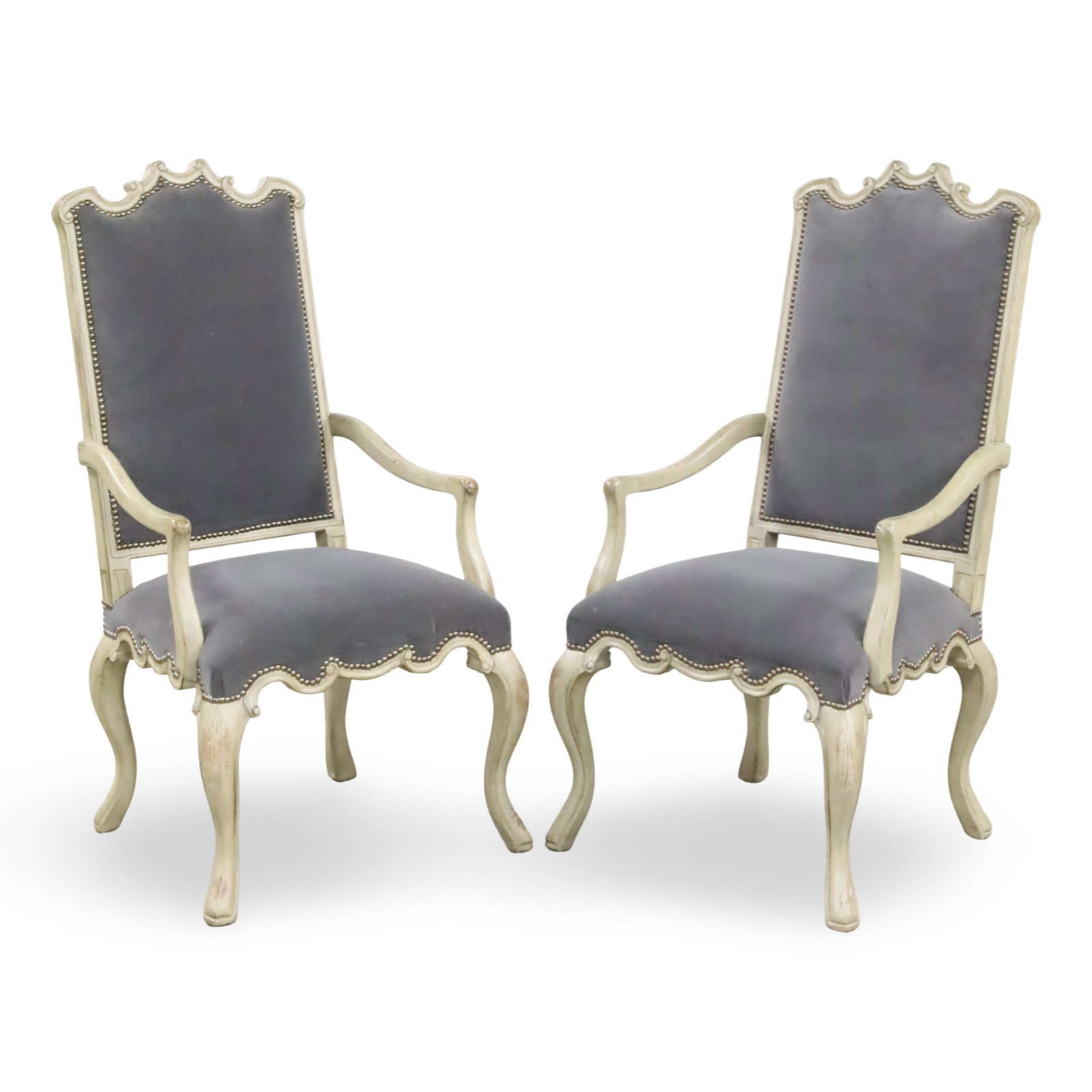 PR FRENCH PROVINCIAL STYLE ARMCHAIRS: Pair of French Provincial style fauteuils or armchairs with grey velvet upholstery, 20th century; 47.5"H 24"W 20"D