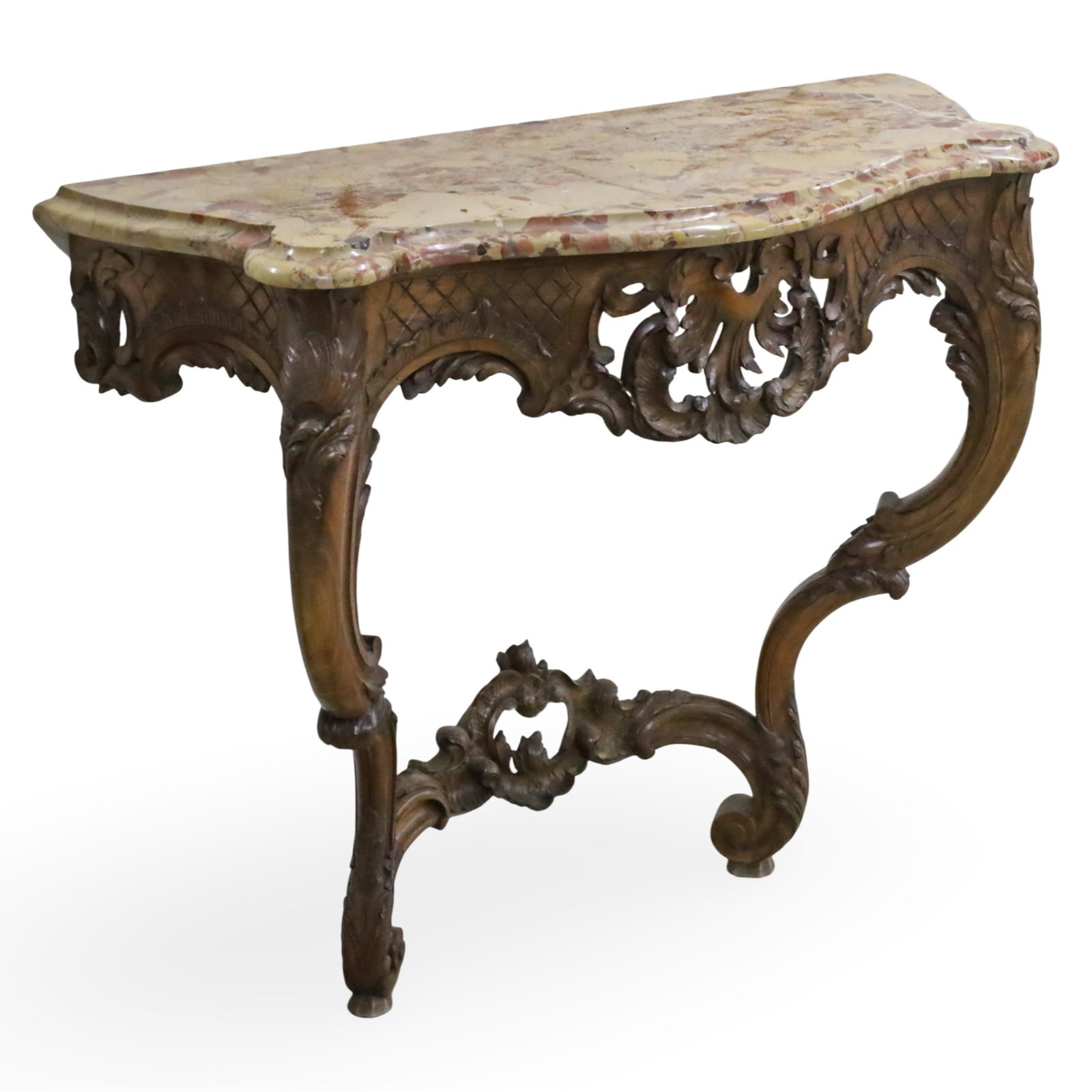 LOUIS XV STYLE MARBLE TOP CONSOLE: Louis XV style French walnut console having a shaped marble top, heavily carved apron, and raised on cabriole legs, late19th/early 20th century; 36"H 43"W 17"D