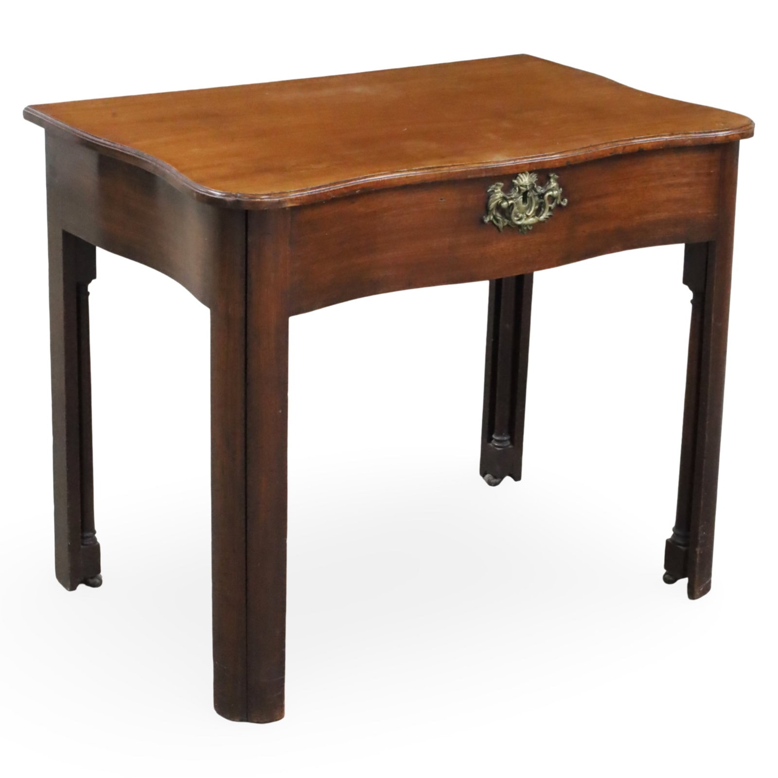 ENGLISH WALNUT SECRETAIRE TABLE, 19TH C.: English walnut table having a serpentine case with extendable interior secretaire cabinet, 19th century; 30"H 37"W 24"D
