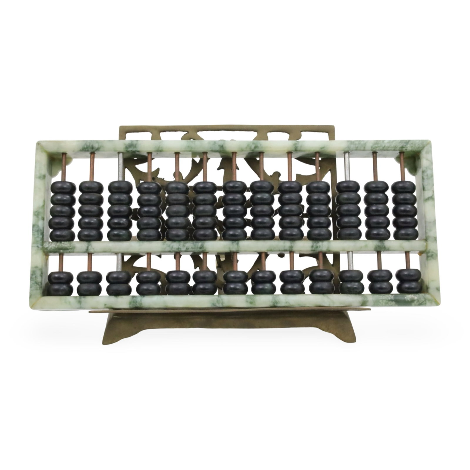 CHINESE CARVED JADE ABACUS: Chinese carved jade abacus, presented on open work brass stand, early 20th century; 1.5"H 14.5"W 6"D
