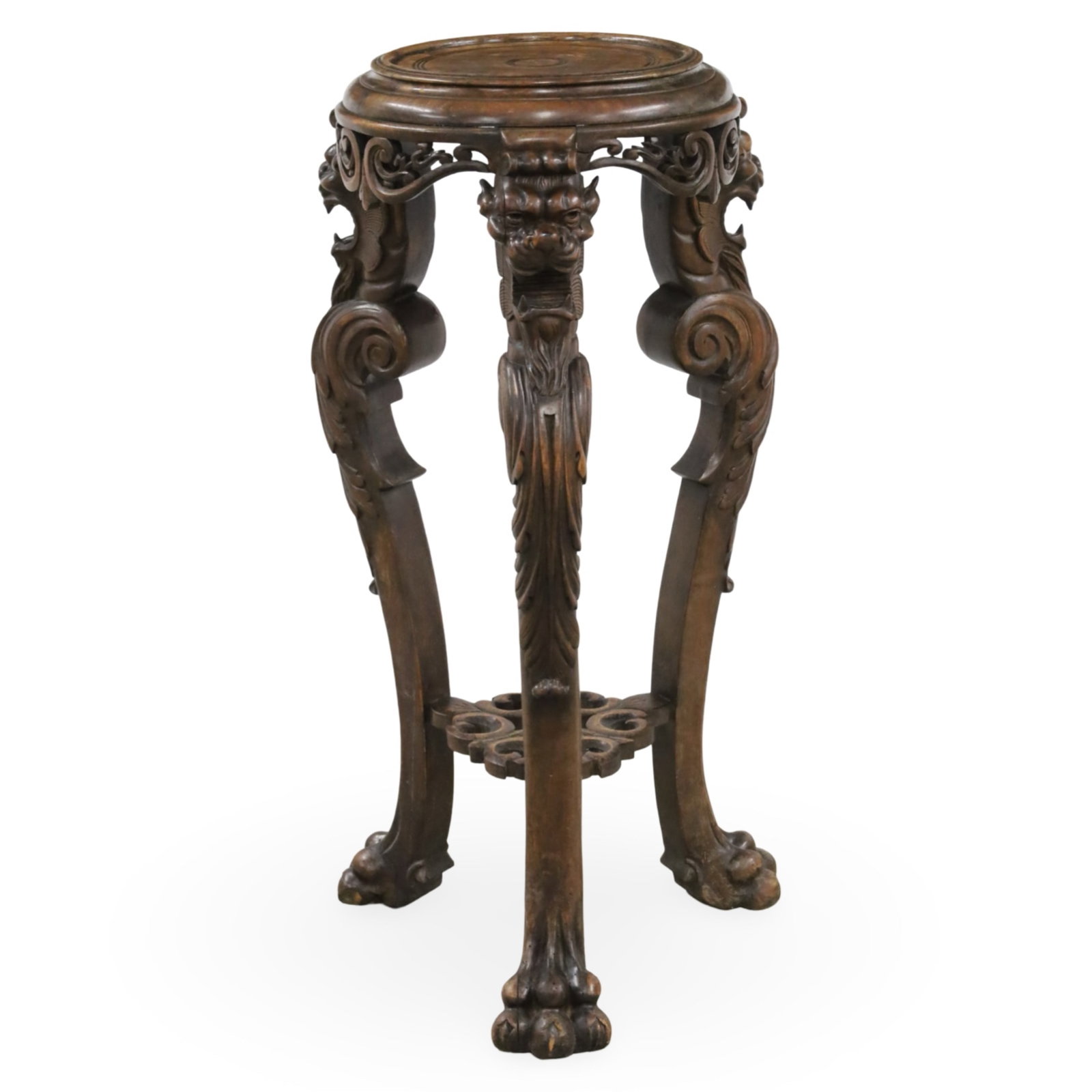 GEORGIAN CARVED WALNUT PEDESTAL, 19TH C.: Georgian carved walnut pedestal with trifid lion mask and scrollwork cabriole legs resting on claw feet, 19th century; 40"H 18"W 11" top