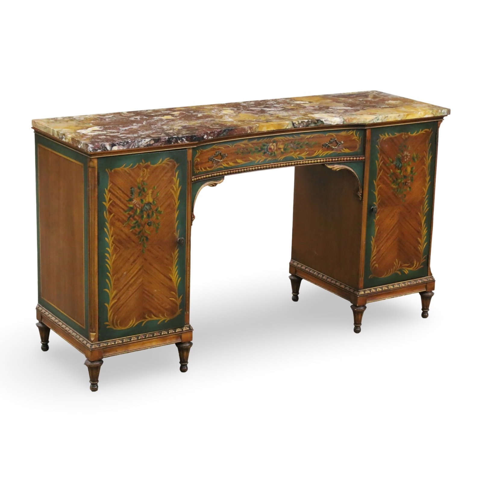 ADAMS STYLE MARBLE TOP VANITY: Adams style marble top vanity table having fitted interior cabinets, Johnson Furniture, Grand Rapids, Michigan, mid 20th century; 29.5"H 52"W 16"D