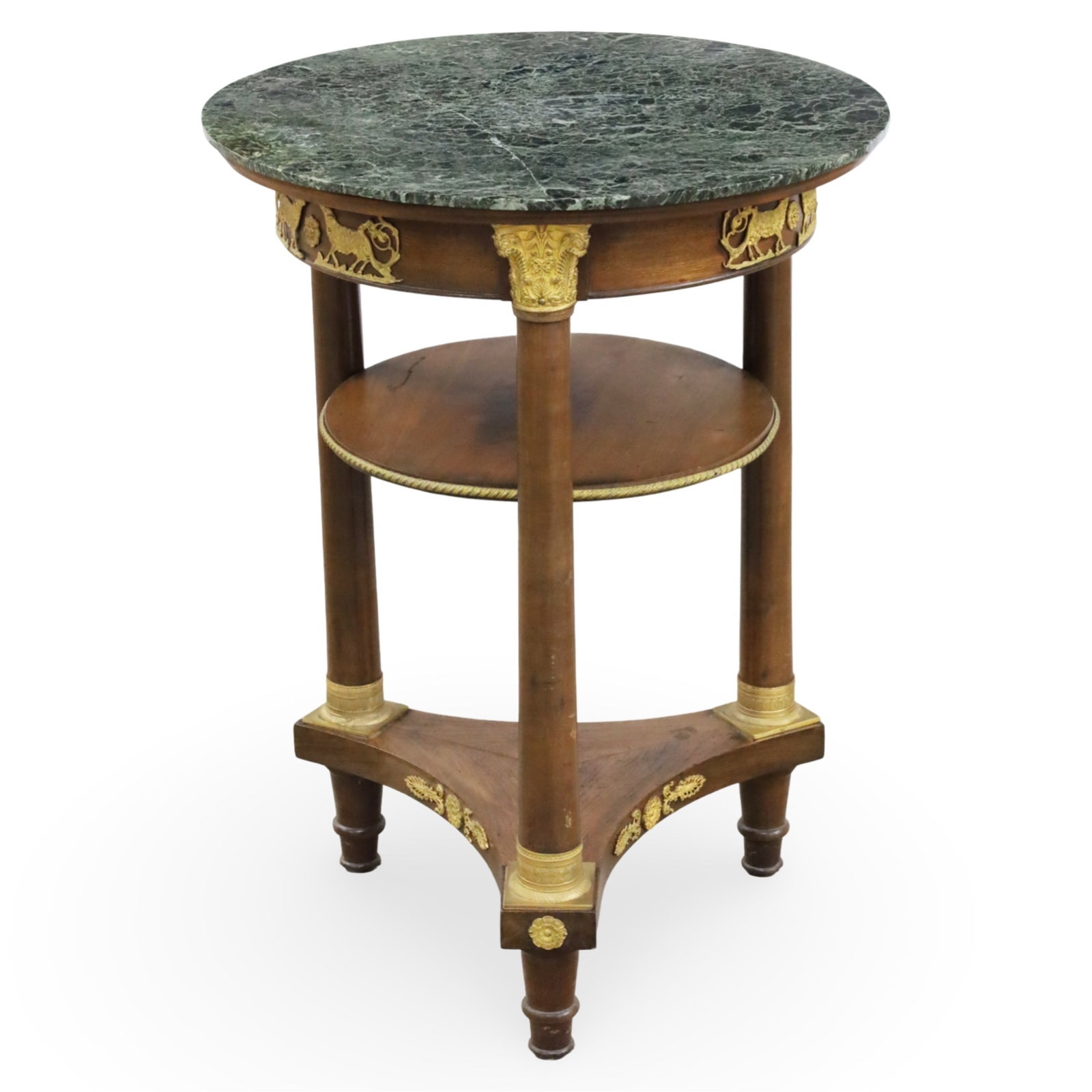 FRENCH EMPIRE BRZ MTD M/T GUERIDON, 19TH C.: French Empire gueridon table, having a green marble top and gilt bronze Corinthian column supports, 19th century; 30"H 21.5"W; Condition: visible repair to top, secured to case top