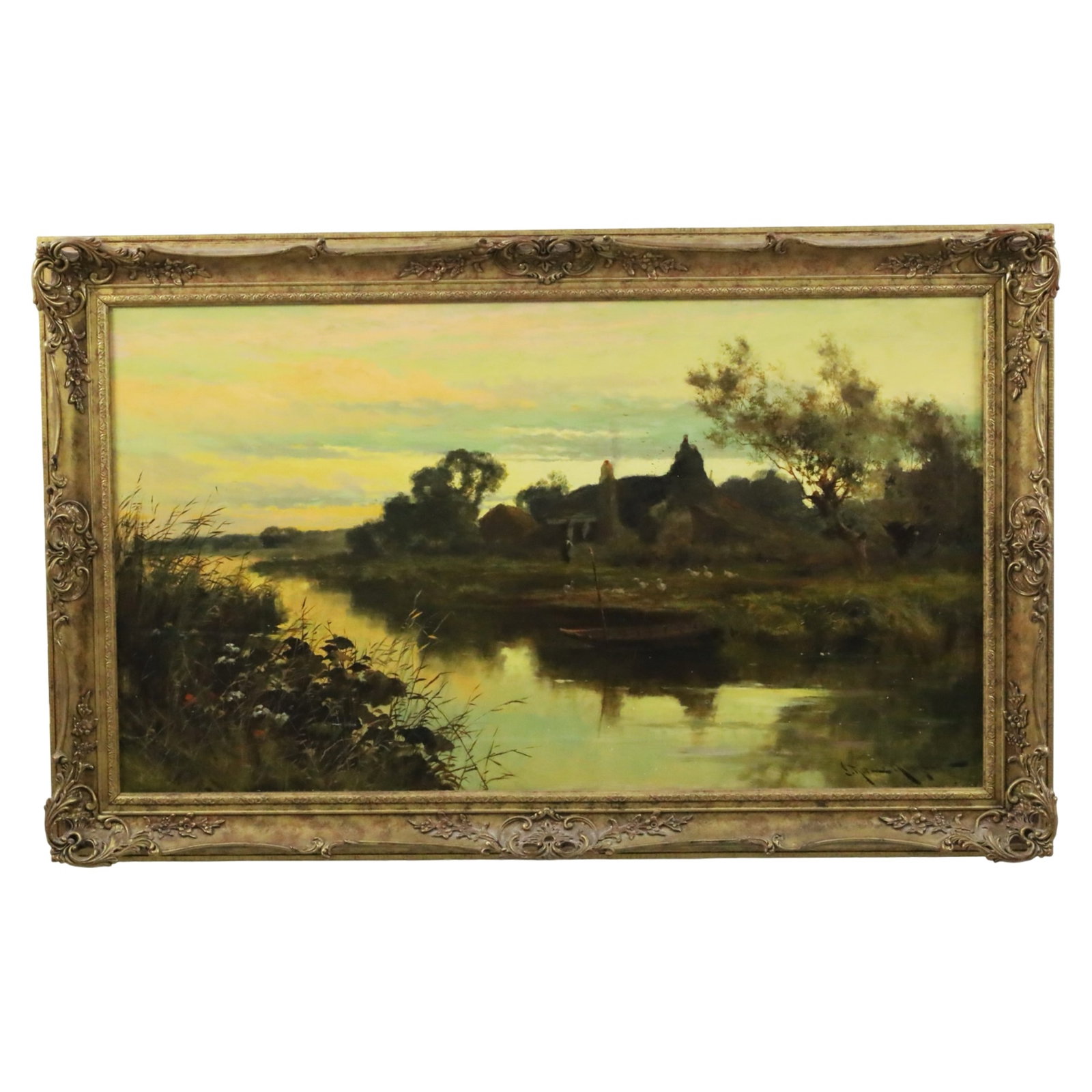 JOHN HORACE HOOPER (BRITISH, 1851-1906): Oil on canvas landscape painting depicting a figure outside a riverside cottage observing a waddling of ducks, by British artist John Horace Hooper (1851-1906) signed lower right, label on verso