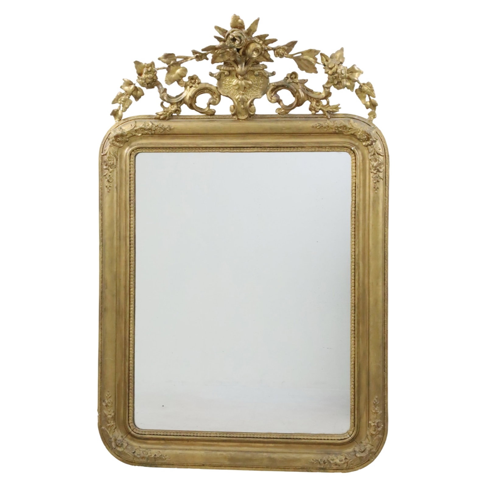 LOUIS PHILIPPE GILTWOOD MIRROR, 19TH C.: Louis Philippe giltwood mirror having elaborate rose and foliated crest rail, 19th century; 54"H 36"W