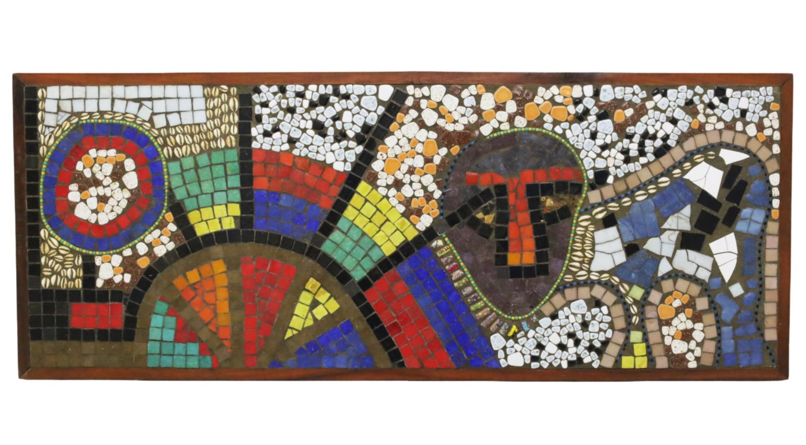 ATTRIBUTED TO JIMOH BURAIMOH (NIGERIAN, B. 1943): Scarce Oshogbo School shell and tile mosaic panel depicting a masked figure within a stylized, geometric landscape, attributed to Jimoh Buraimoh (Nigerian, b. 1943), encased and backed in wood frame; 