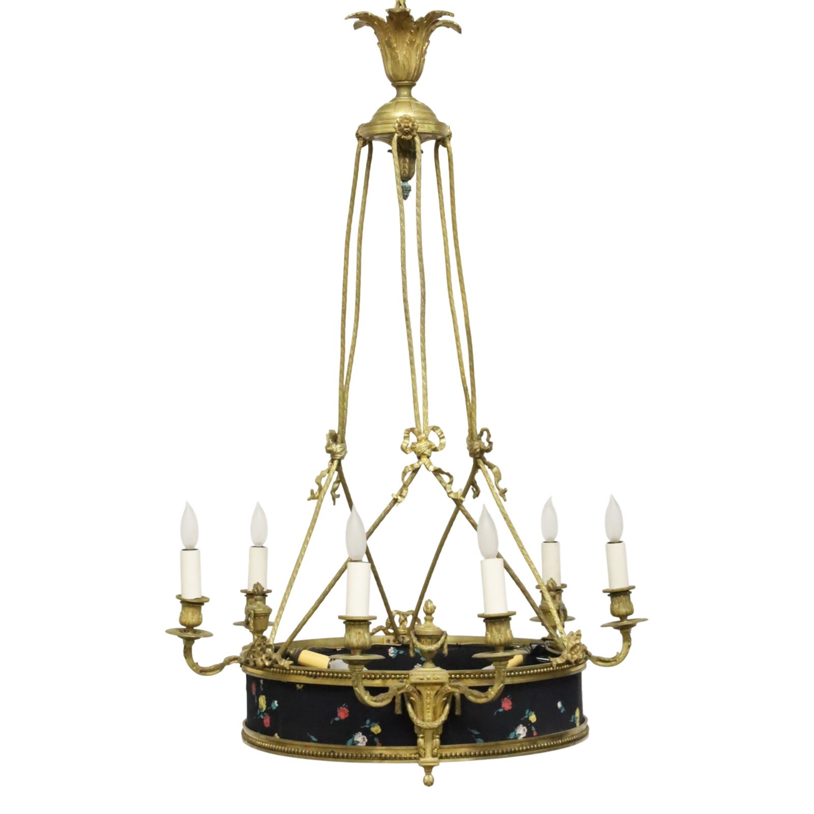 FRENCH EMPIRE BRONZE AND TOLE PEINTE CHANDELIER: French Empire bronze chandelier having six light arms and triple lit basket with patinated metal or tole piente banding, early 20th century; 40"H 25"W