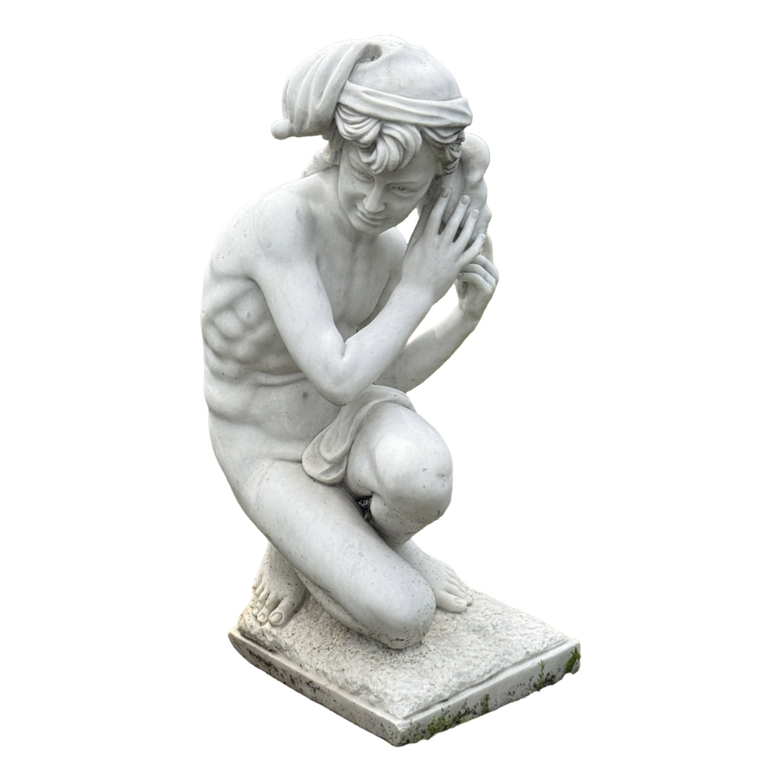 LE PECHEUR A LA COQUILLE, AFTER CARPEAUX: White marble garden sculpture of a crouching young fisherman, a shell to his ear listening for the sea, after the original 1863 work by French sculptor Jean-Baptiste Carpeaux, titled Le P?cheur ? la C