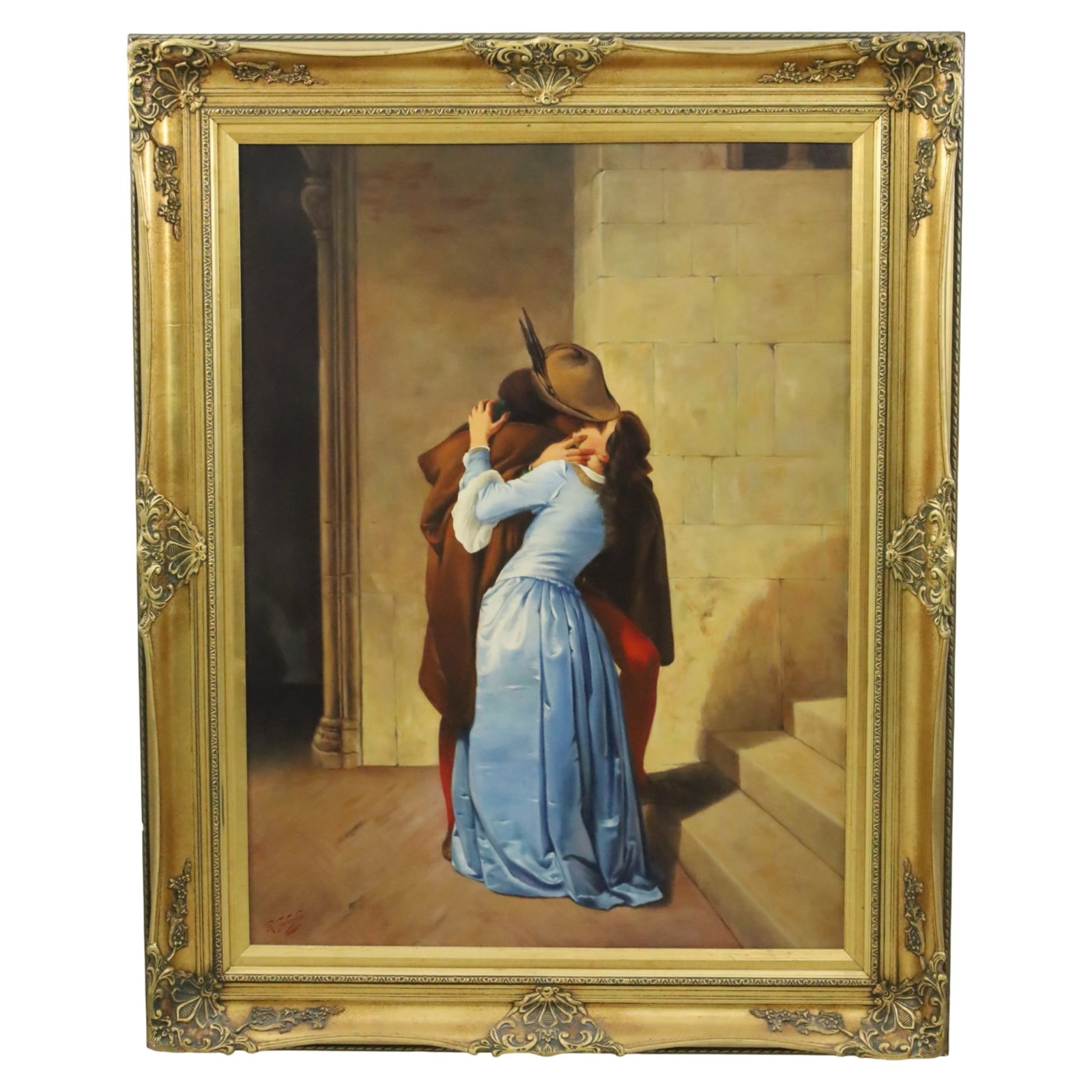 THE KISS, AFTER FRANCISO HAYEZ: Large oil on canvas painting of a couple in romantic embrace, after the 1859 work The Kiss by Italian artist Franciso Hayez (1791-1882) as seen in the Pinacoteca di Brera, Milan, signed lower left R. 