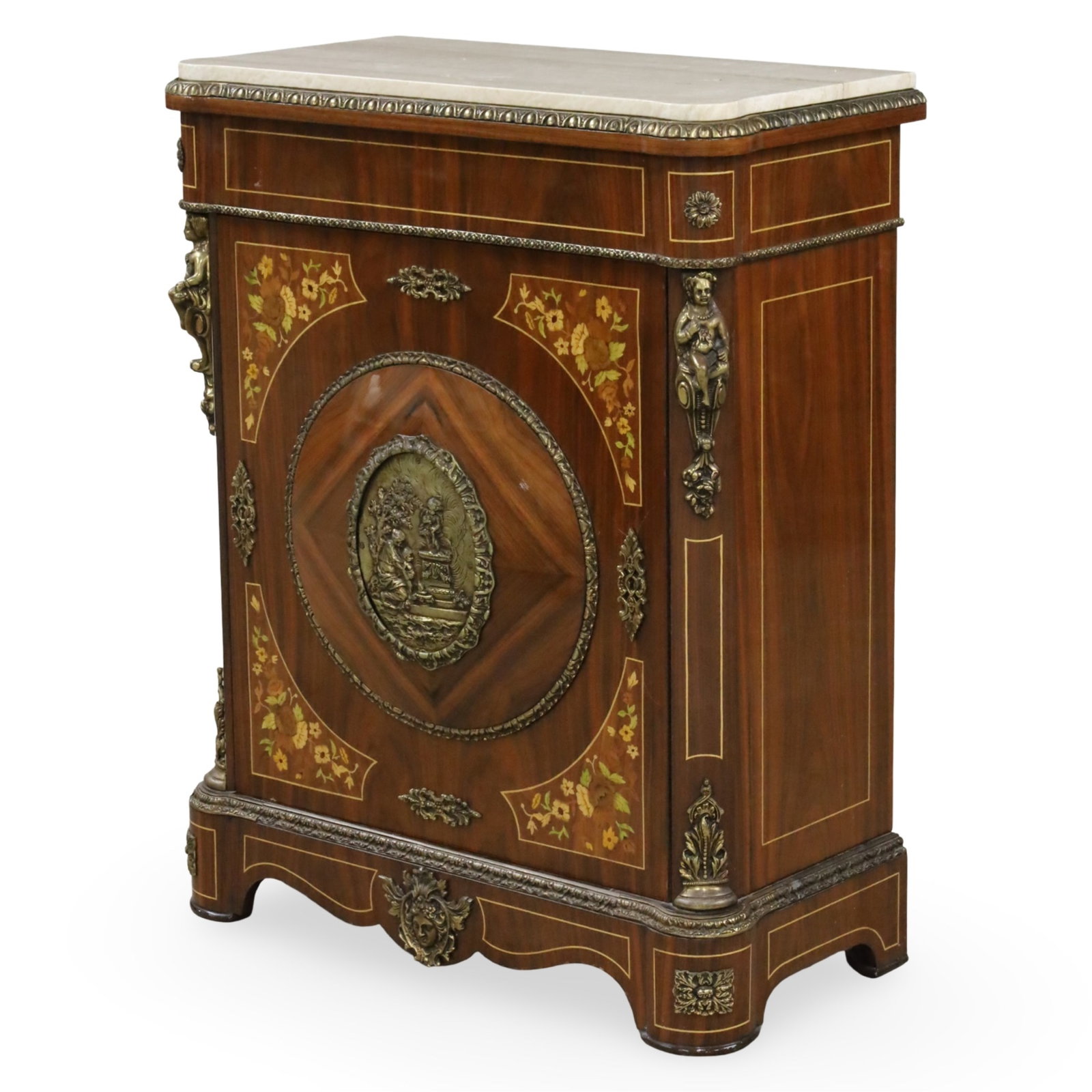 NAPOLEAN III MARBLE TOP INLAID CABINET: Napolean III bronze mounted mahogany cabinet having marble top, the single door decorated with satinwood and olivewood floral inlay; 41.5"H 32"W 17"D