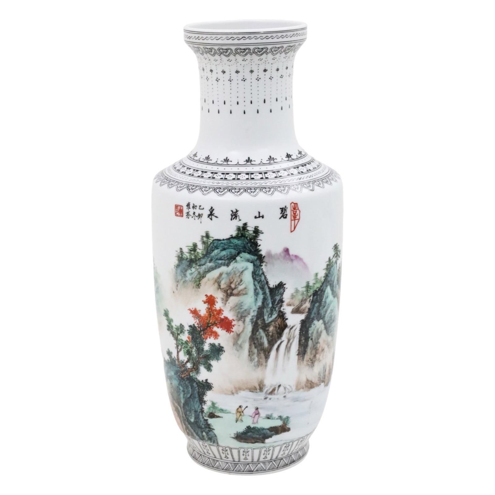 CHINESE PORCELAIN ROULEAU VASE, REPUBLIC PERIOD: Large Chinese porcelain rouleau vase depicting figures observing a waterfall in a mountainous landscape, signed at shoulder, red character mark reverse, Republic Period, 20th century; 18"H