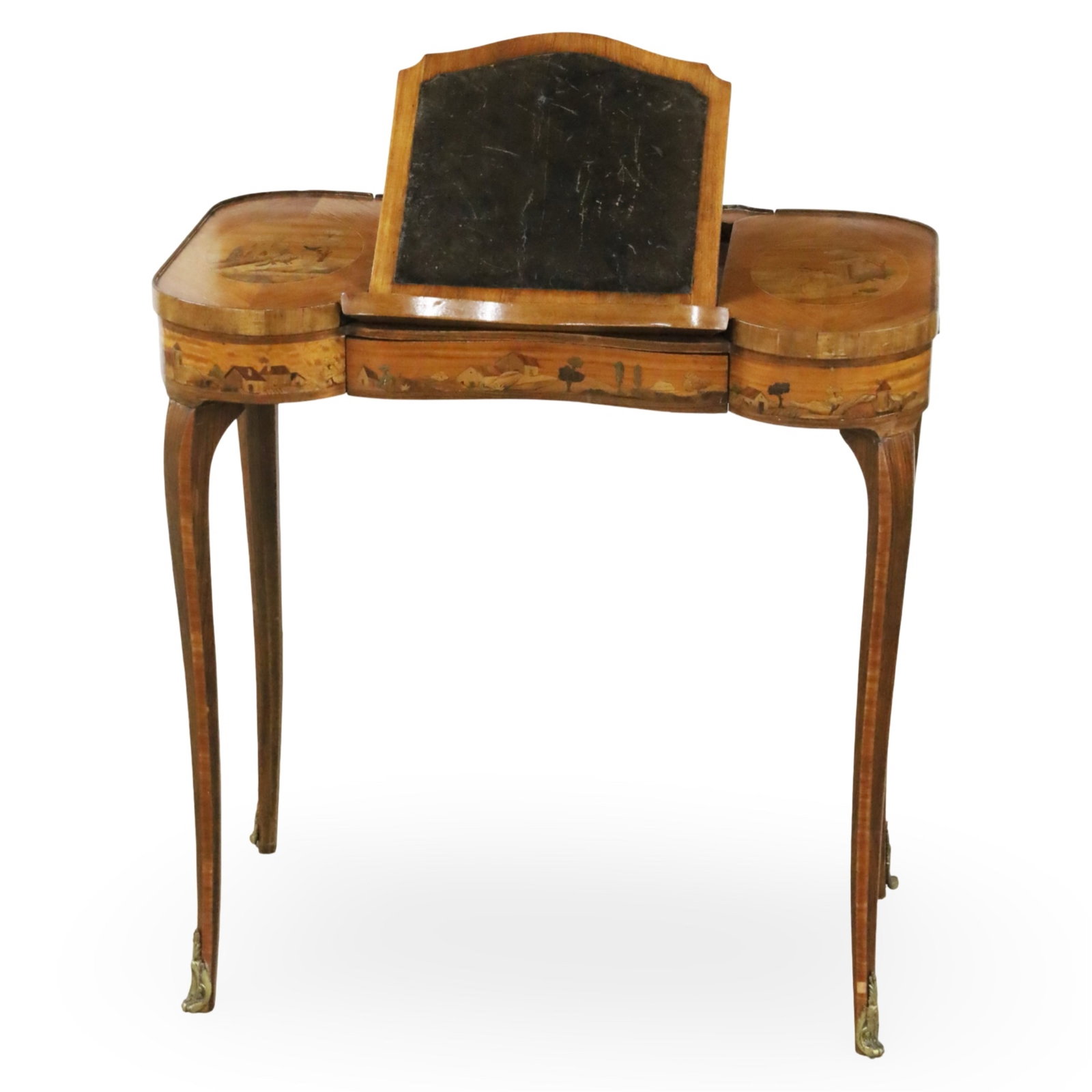 FRENCH BRZ MTD INLAID PETITE WRITING TABLE: French bronze mounted satinwood inlaid petite ladies writing desk, having signal drawer and elevated leather writing top, the case with detailed marquetry panels depicting rural landscapes, raised on 
