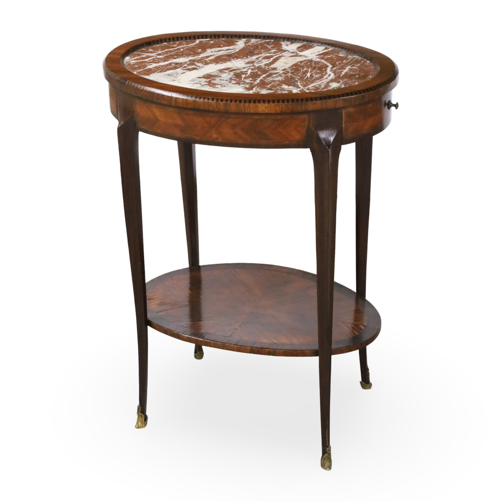 LOUIS XV STYLE ROSEWOOD AND KINGWOOD TABLE: Louis XV style rosewood and kingwood oval one drawer table with marble insert top and conforming platform shelf on cabriole legs with bronze sabots, 19th century; 37.5"H 14"W 20.5"D