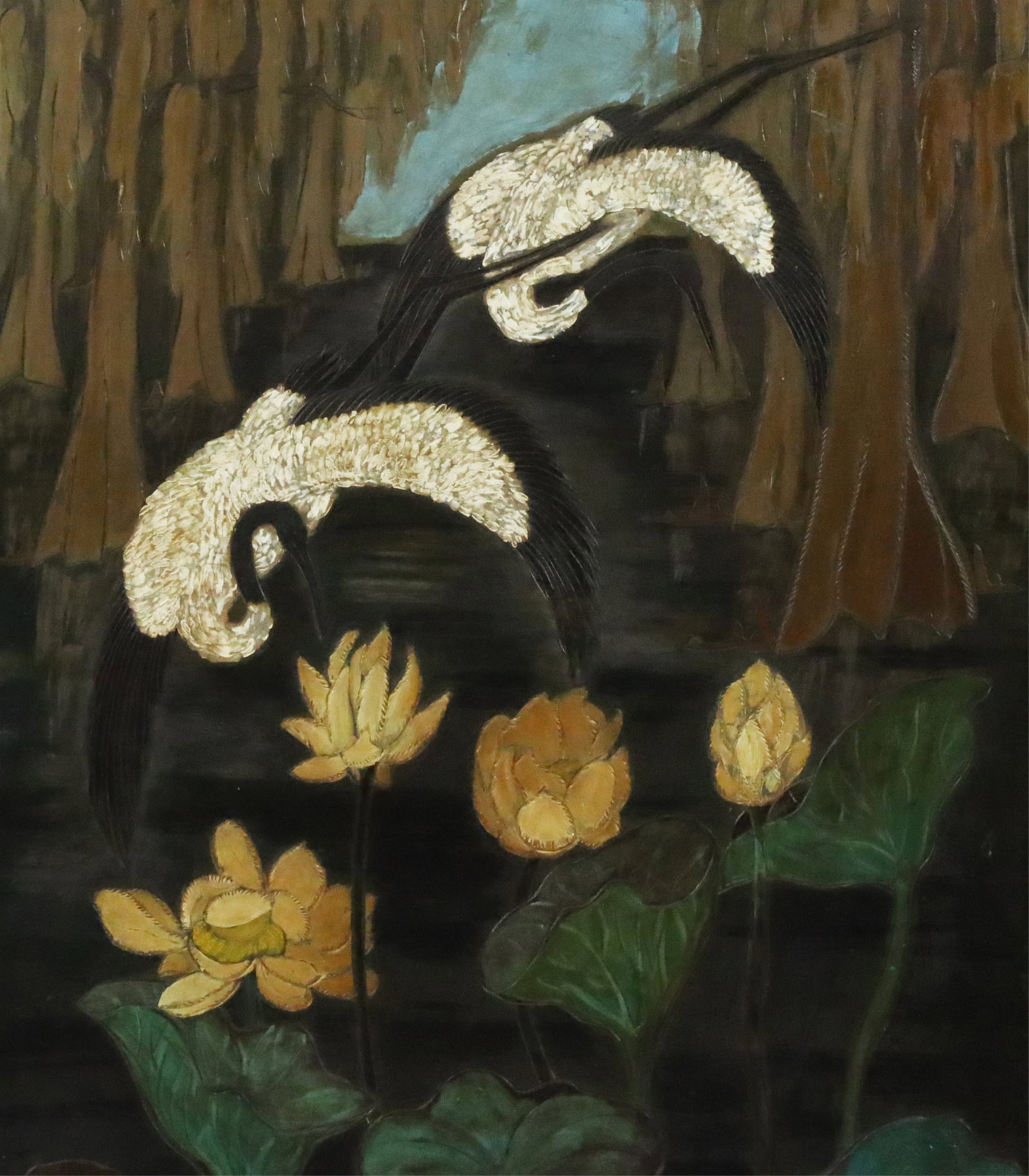 ANNA HEYWARD TAYLOR (AMERICAN, 1879-1956): Oil painting on scored linoleum woodblock by Anna Heyward Taylor (American, 1879-1956) depicting two marsh birds above blooming lotus in a cypress swamp, signed lower right, mounted in elegant Nouveau