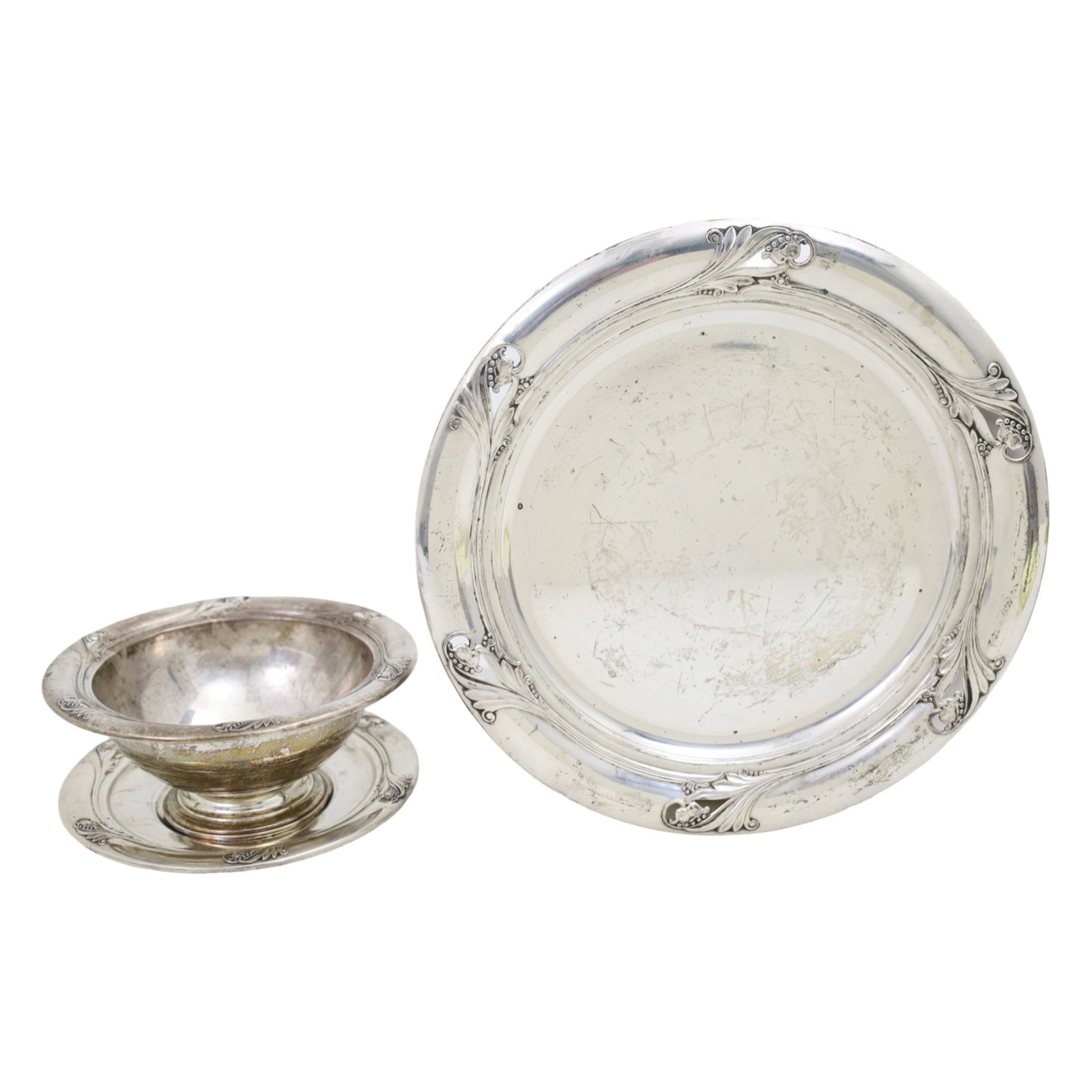 3PC LOT OF STERLING SILVER, 19.5 T.O.W.: Three piece lot sterling silver, Spring Glory by International, including a 10.5" pierced border plate, along with a sugar bowl and underplate, 19.5 troy ounces weighable