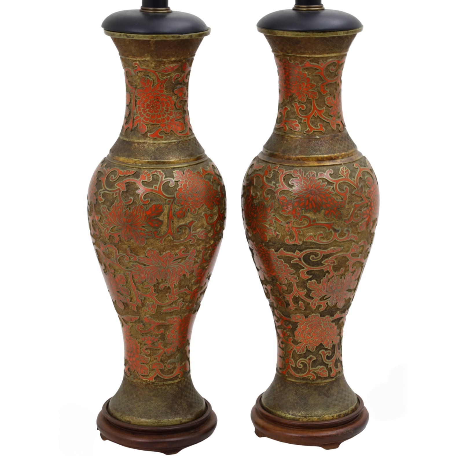 PR CHINESE CLOISONNE AND BRASS VASES, AS LAMPS: Pair of Chinese enamel and chased brass vases, now mounted as lamps, mid 20th century, silk shades available; 38"H overall