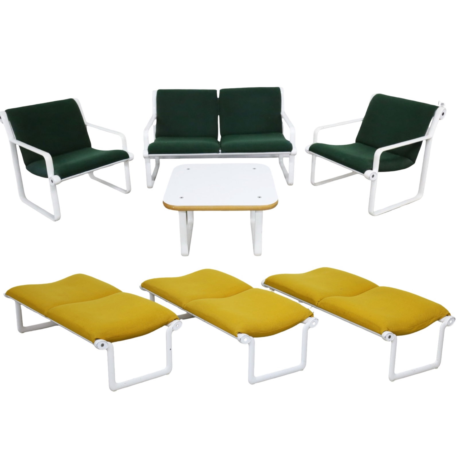 7PC MCM PATIO SUITE, HANNAH MORRISON, KNOLL: Seven piece suite of mid century modern patio furniture by Bruce Hannah and Andrew Morrison for Knoll, including a matching sling sofa and armchairs, low table, and three lounging benches; sofa 28.5"H