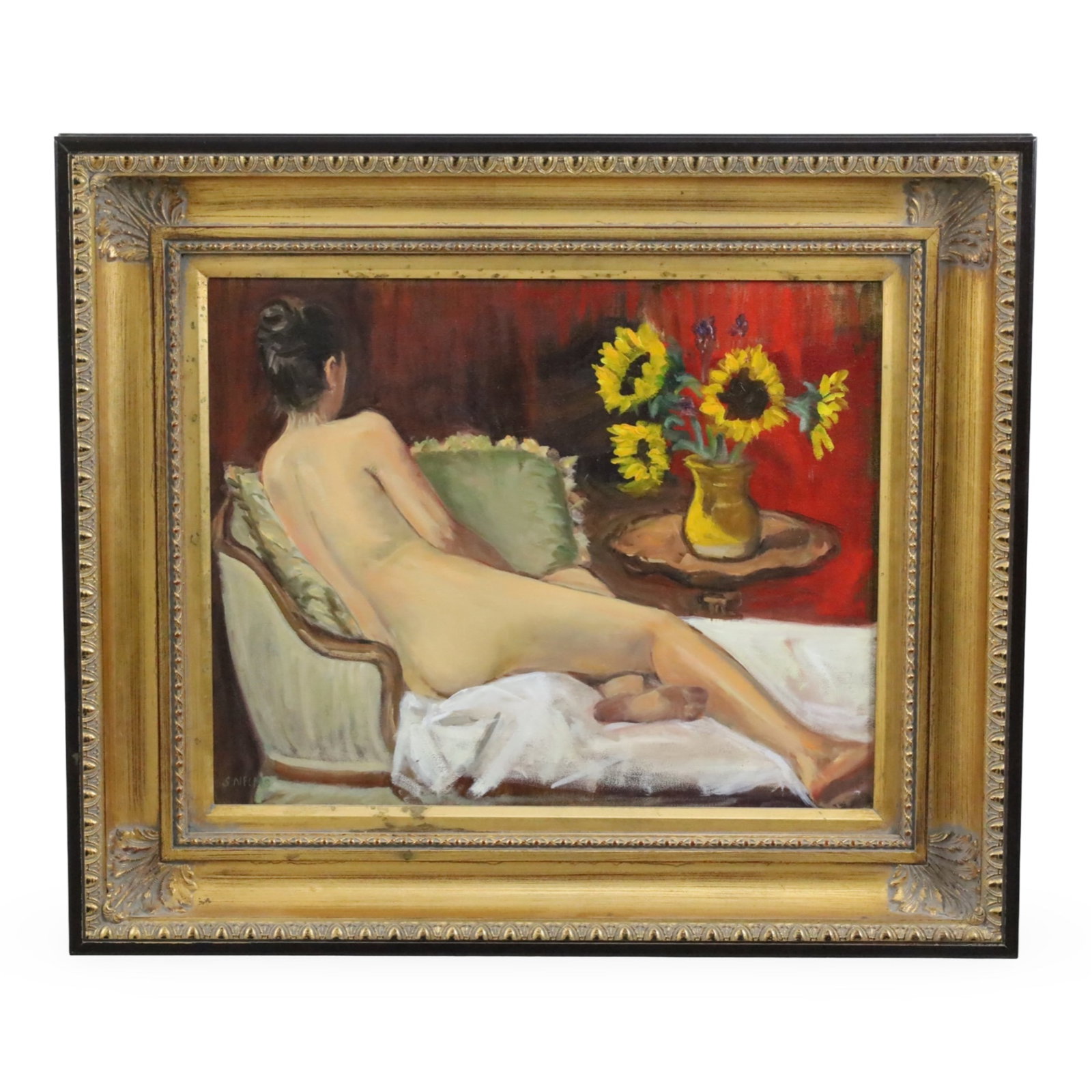 OIL ON CANVAS OF RECLINING NUDE, S. NELMS: Oil on canvas painting of a reclining nude admiring a vase of daisies, signed S. Nelms lower left, mounted in giltwood frame, 20th century; 24"H 28"W overall