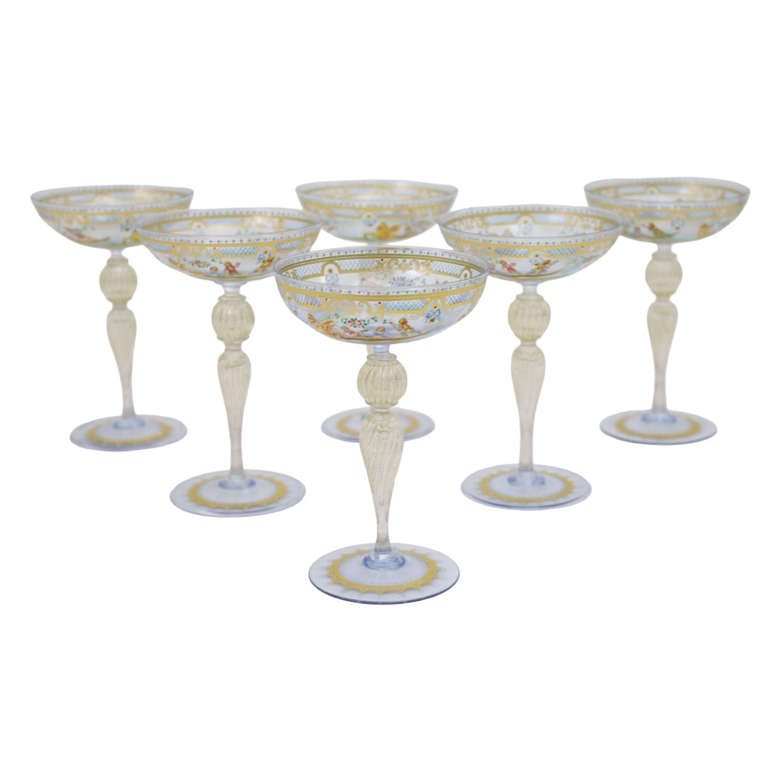 6 HAND PTD VENETIAN GLASS CHAMPAGNE COUPES: Set of six hand painted Venetian glass champagne coupes, having courting scene reserves; 7.5"H 4.5 Diameter