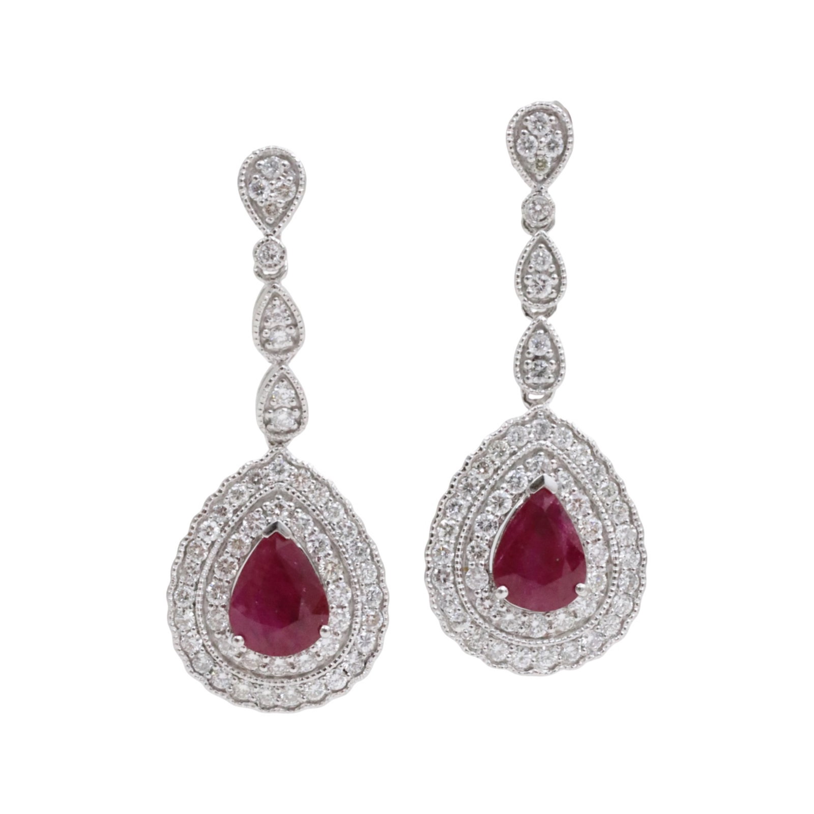 PLATINUM BURMESE RUBY AND DIAMOND EARRINGS: Platinum burmese ruby and diamond earrings having 2 pear 3.30carat total rubies and 1.66cts of VS1-VS2 diamonds. total weigh is 11.8 . drop is 40mm. Please see all photos and appraisal. Note: this lot