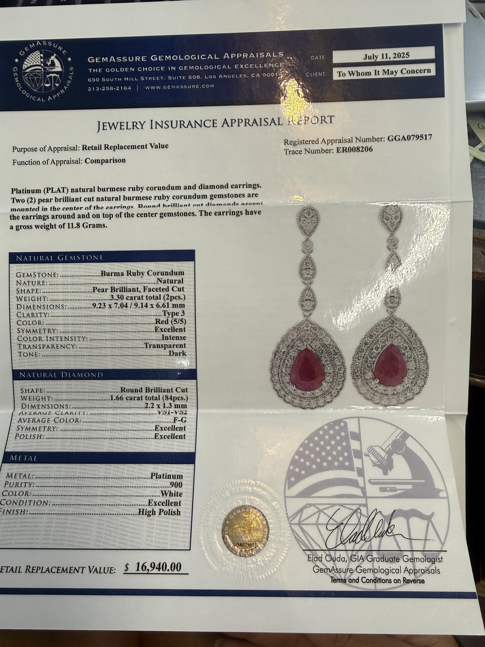 PLATINUM BURMESE RUBY AND DIAMOND EARRINGS - 5