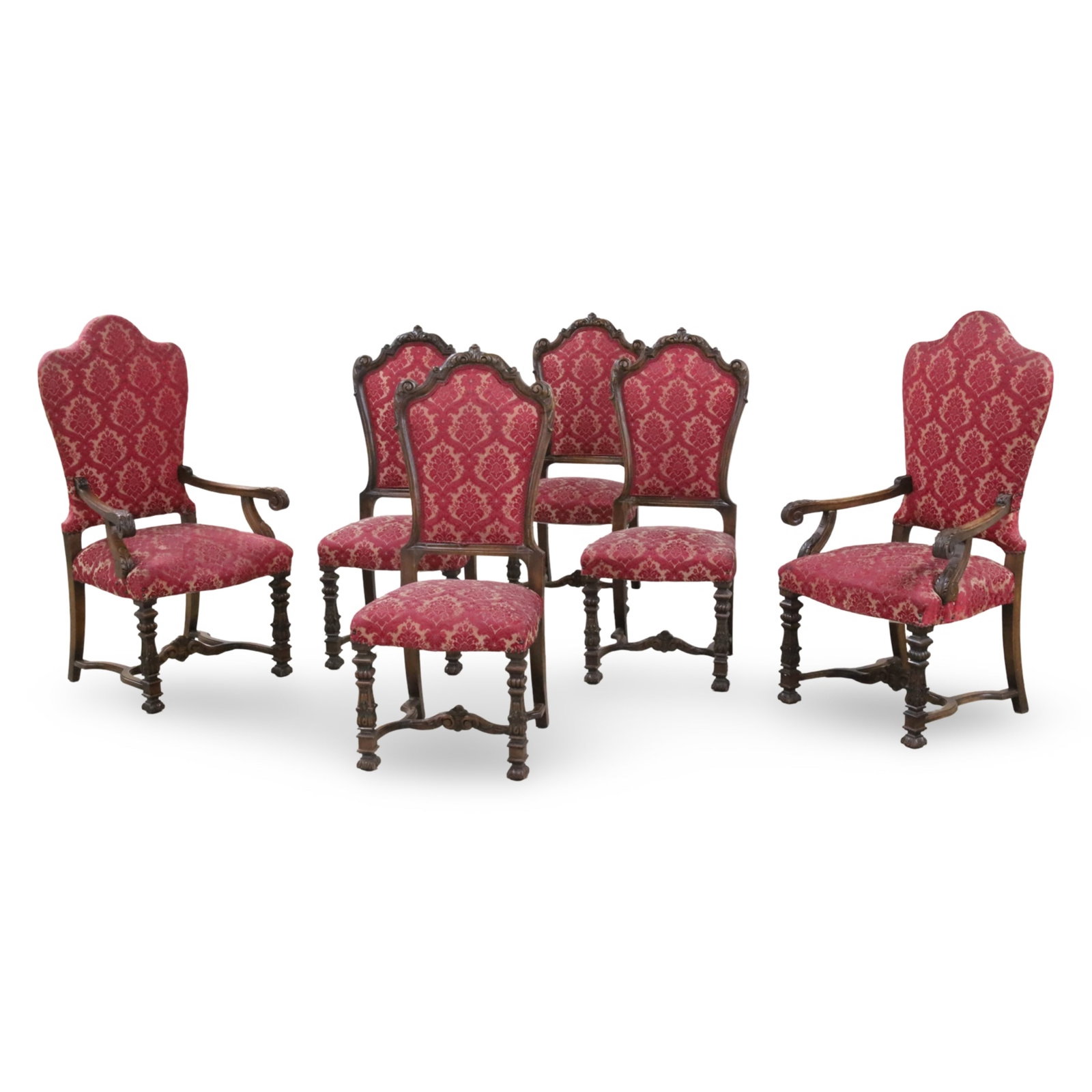 SET OF 6 RENAISSANCE REVIVAL DINING CHAIRS: Set of six Renaissance Revival carved walnut dining chairs, including a pair of armchairs with scroll foliate arms, all with matching damask upholstery, late 19th century; armchairs 52"H 25"W 21"D 20"