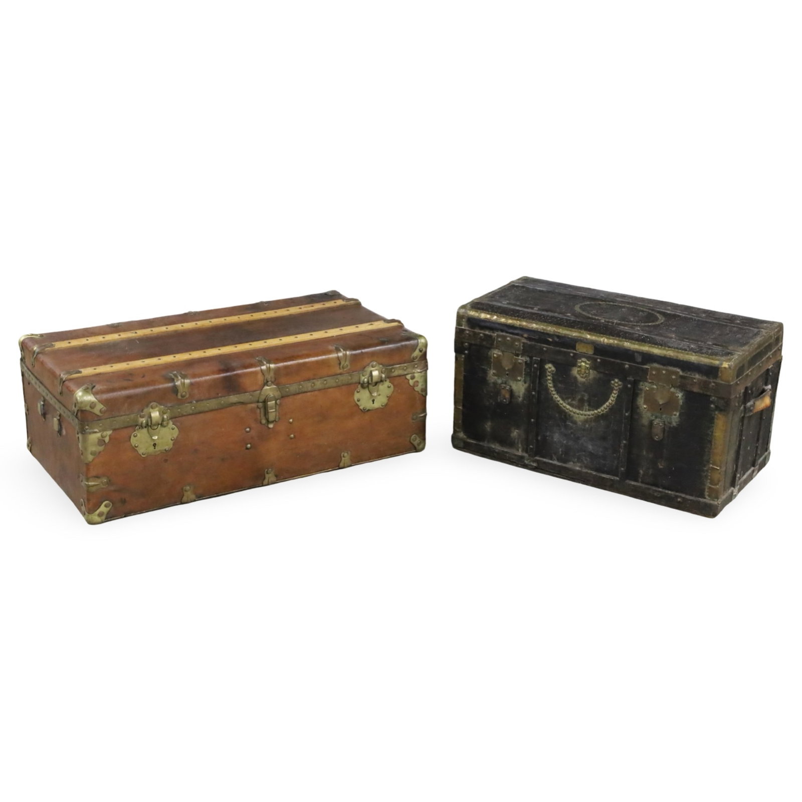 TWO ANTIQUE LEATHER STEAMER TRUNKS (1 of 5)