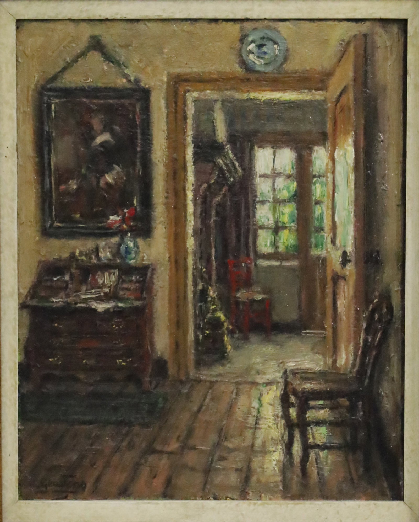 ALBERT GEUDENS (BELGIAN, 1869-1949): Oil on panel Intimist interior scene painting by Albert Geudens (Belgian, 1869-1949) signed lower left, mounted in frame; 16"H 14"W overall