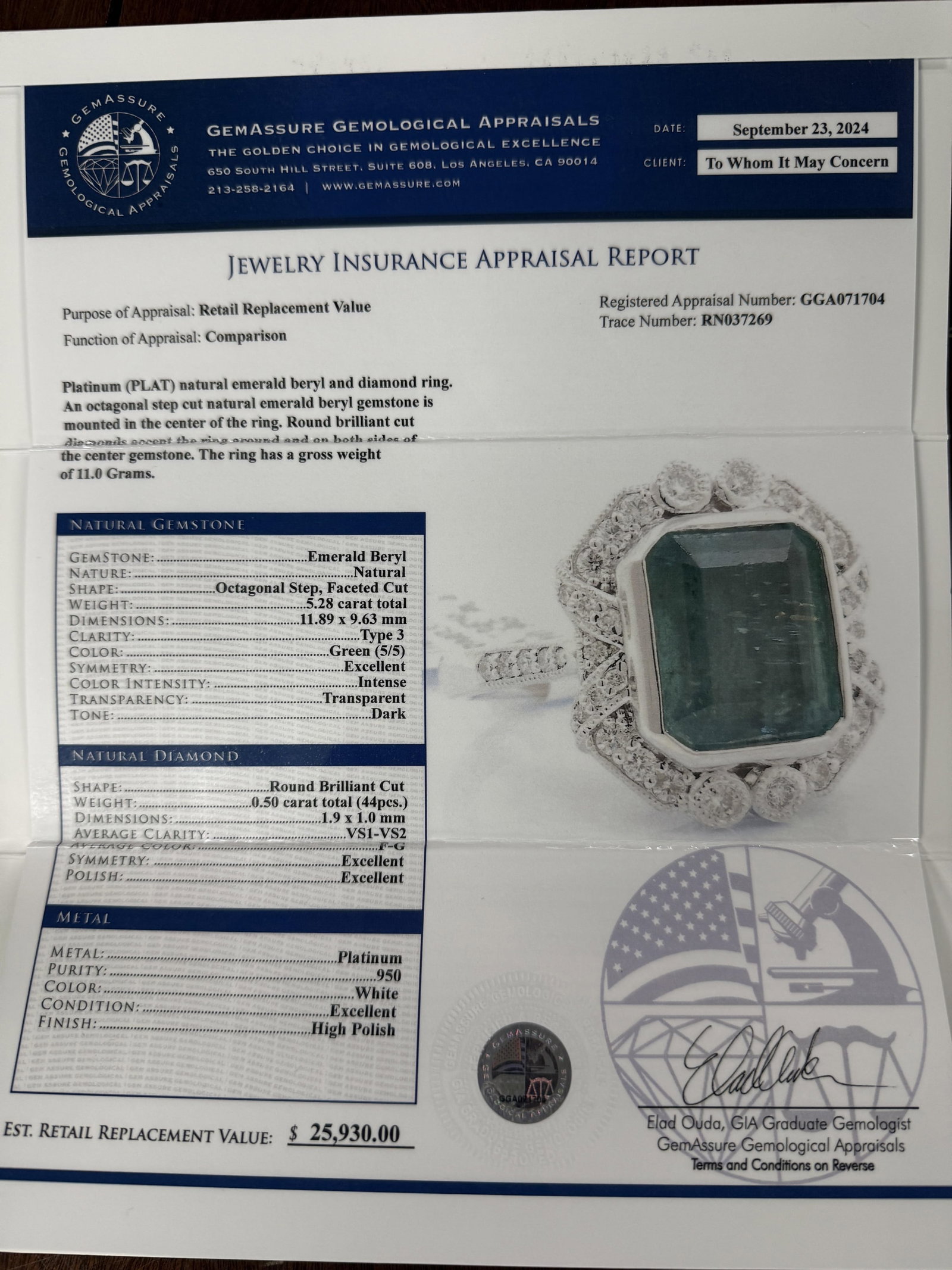 PLATINUM EMERALD AND DIAMOND RING - 6