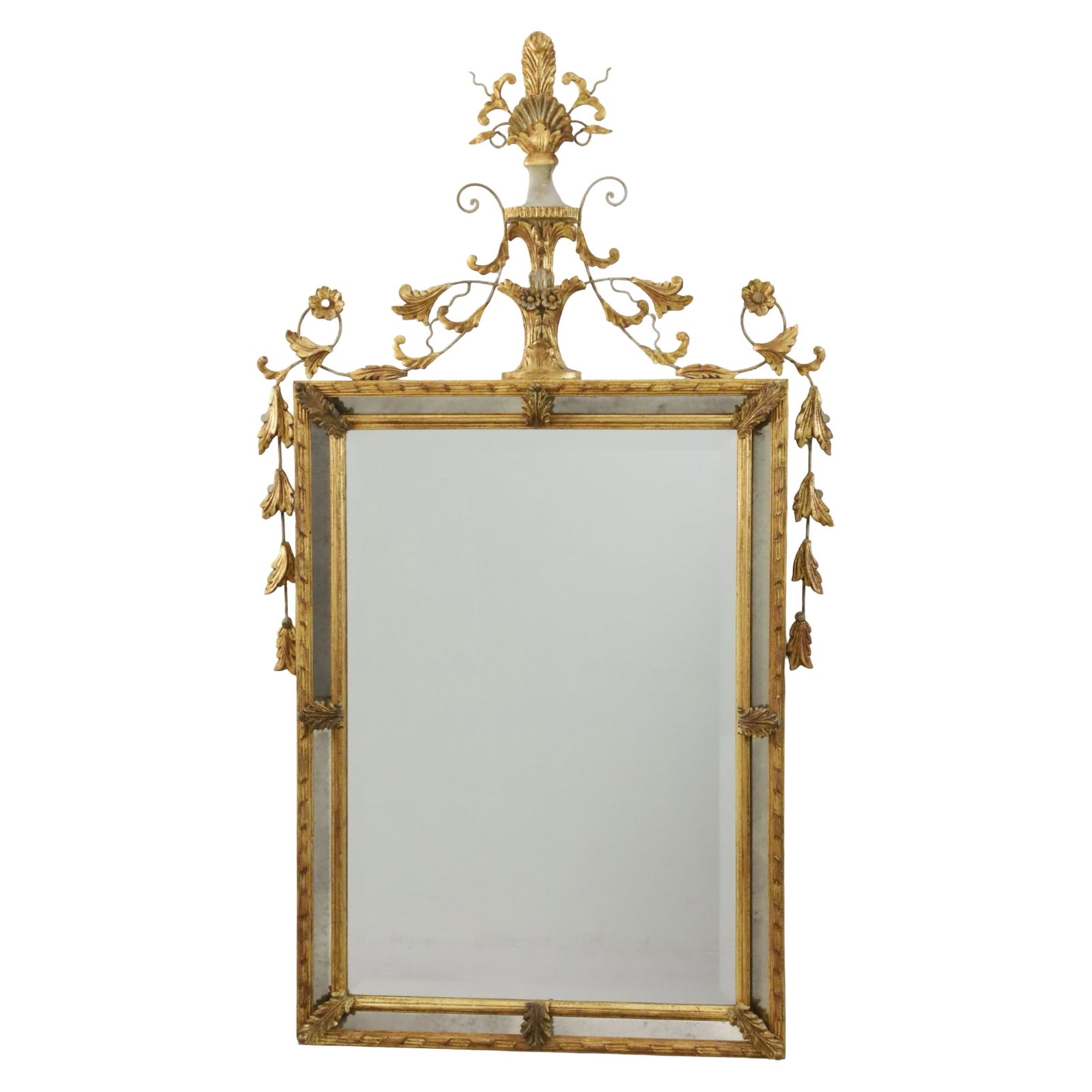 ADAMS STYLE GILTWOOD MIRROR: Adams style giltwood mirror with shell and floral crest rail, outer side plate mirrors with acanthus leaf moulded accents, 20th century; 56"H 30"W