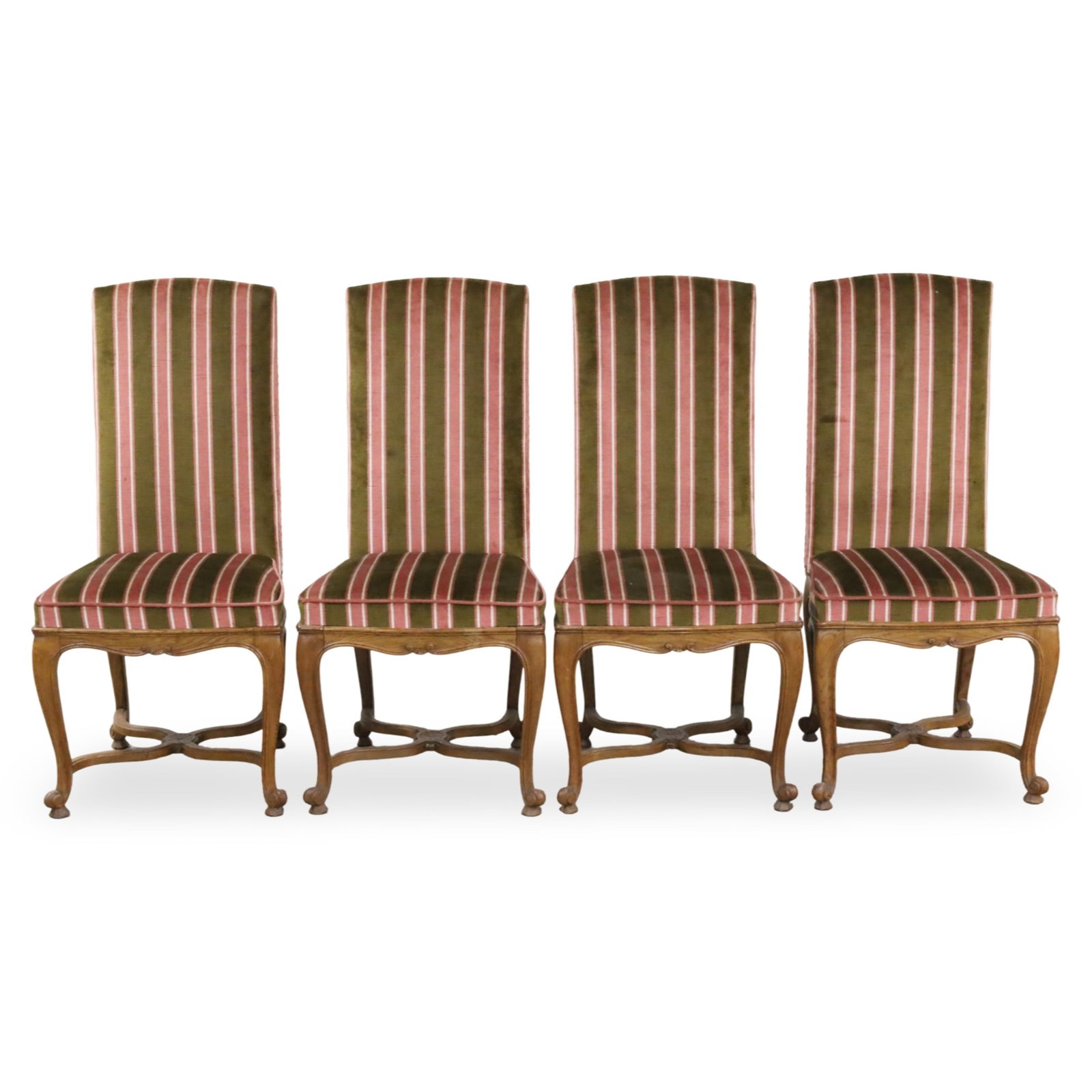 FOUR FRENCH OAK DINING CHAIRS: Set of four French carved oak dining chairs with striped upholstery, raised on cabriole legs with X form stretcher, late 19th century; each 41"H 20"W 16"D