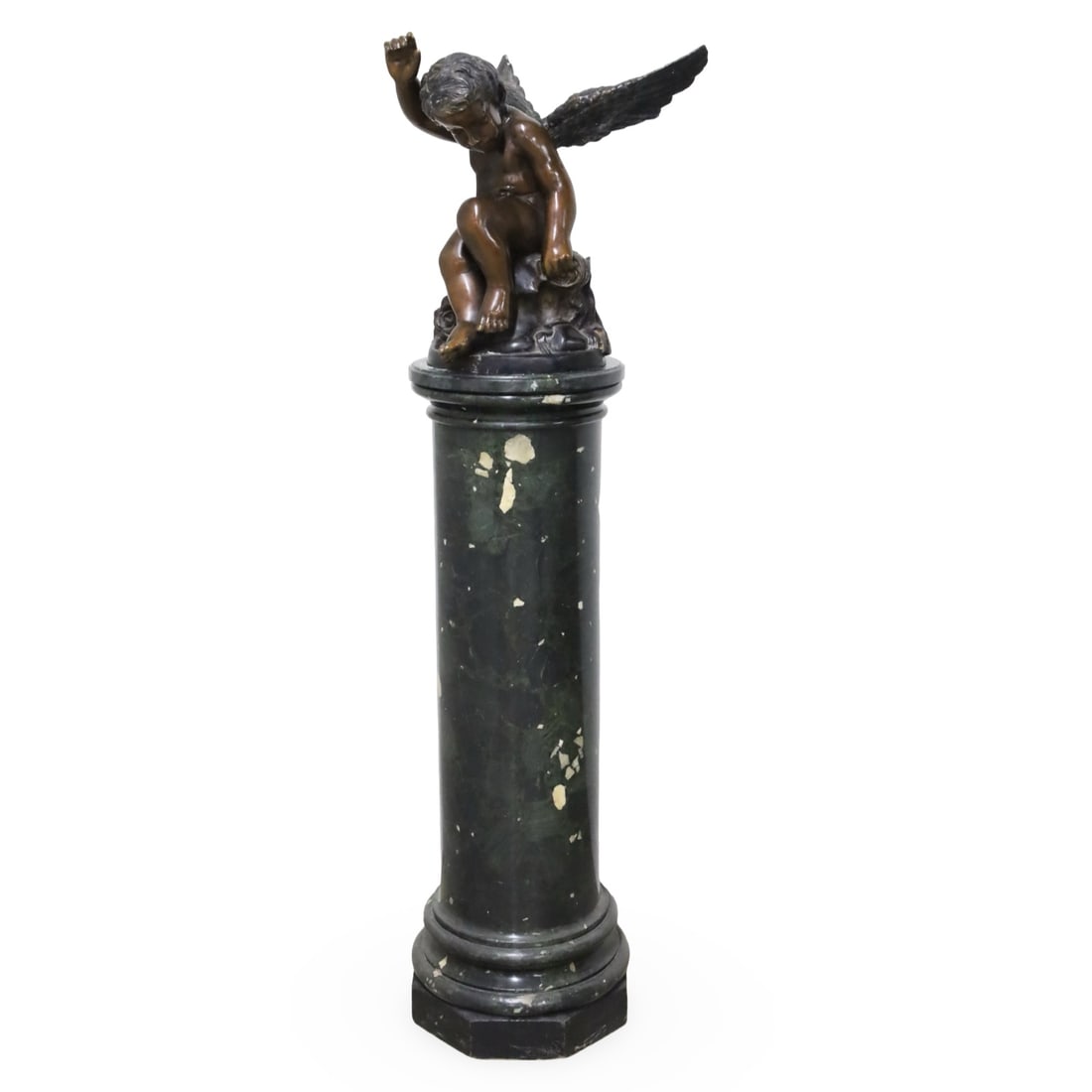 FAUX MARBLE PEDESTAL AND BRONZE CHERUB: Two piece lot consisting of a faux marble doric column form pedestal, along with a bronze scupture of a cupid with outstretched hand and wings, unsigned, early 20th century; pedestal 46"H 14" top,