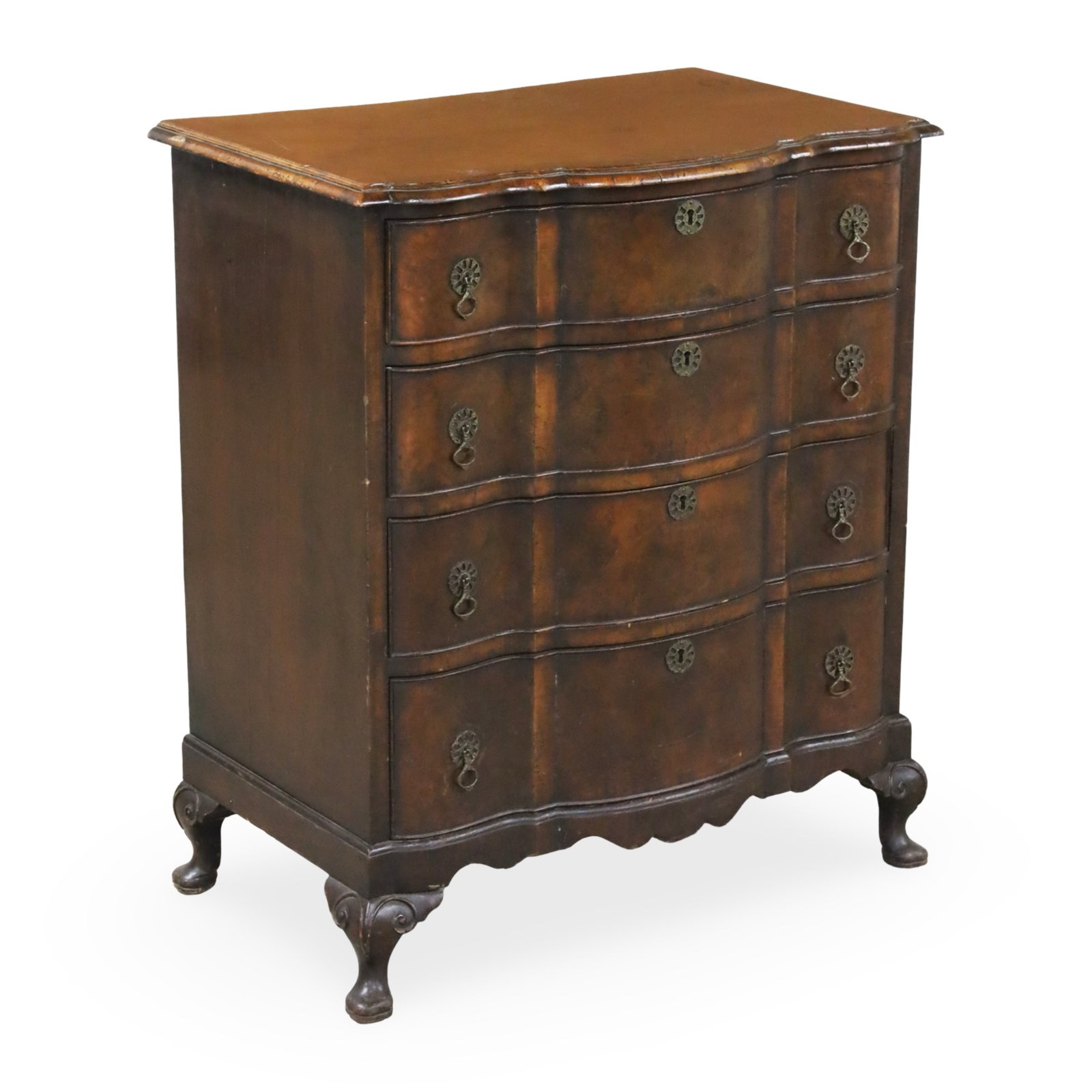 QUEEN ANNE WALNUT BACHELORS CHEST, 19TH C.: English Queen Anne bachelors chest, shaped front having four drawers, raised on pad feet, early 19th century; 35.5"H 30"W 19"D
