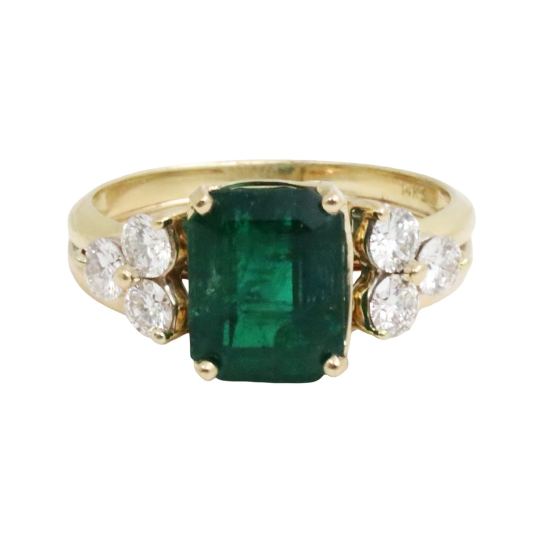14K EMERALD RING 3.35CT, GIA: 14k yellow gold emerald and diamond ring with octagonal step cut 3.35ct center stone and .50cts of round brilliant VS1-VS2 diamonds. size 8.25. Please see all photos, appraisal for $27,840, and