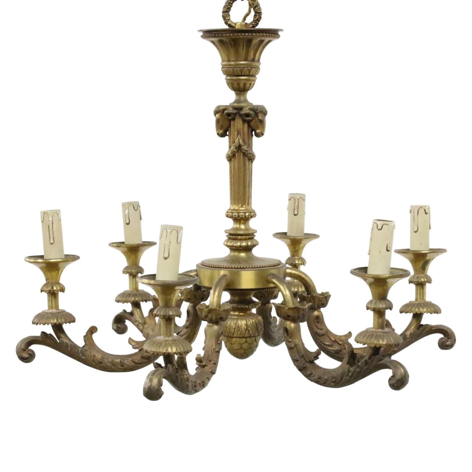 FRENCH GILT BRONZE CHANDELIER, 19TH C.: French gilt bronze six light light chandelier, the fluted column with rams head surmounts and pine cone finial, support six downswept arms with heavy scrollwork casting, 19th century; 20"H 24"W