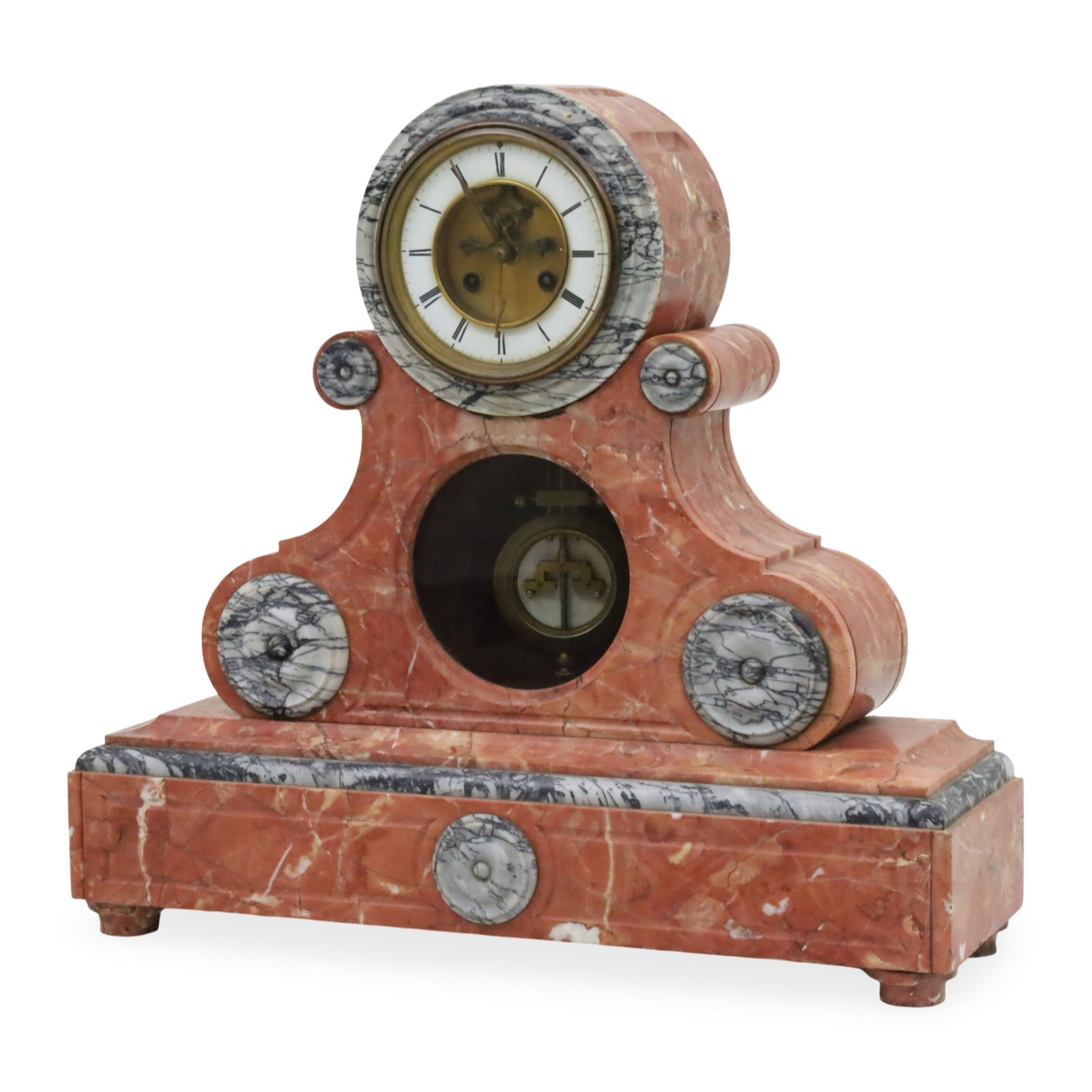 NAPOLEAN III MARBLE MANTLE CLOCK: Napolean III rouge marble mantle clock having white enamel dial with open escapement, late 19th century; 19.5"H 21"W 6.5"D