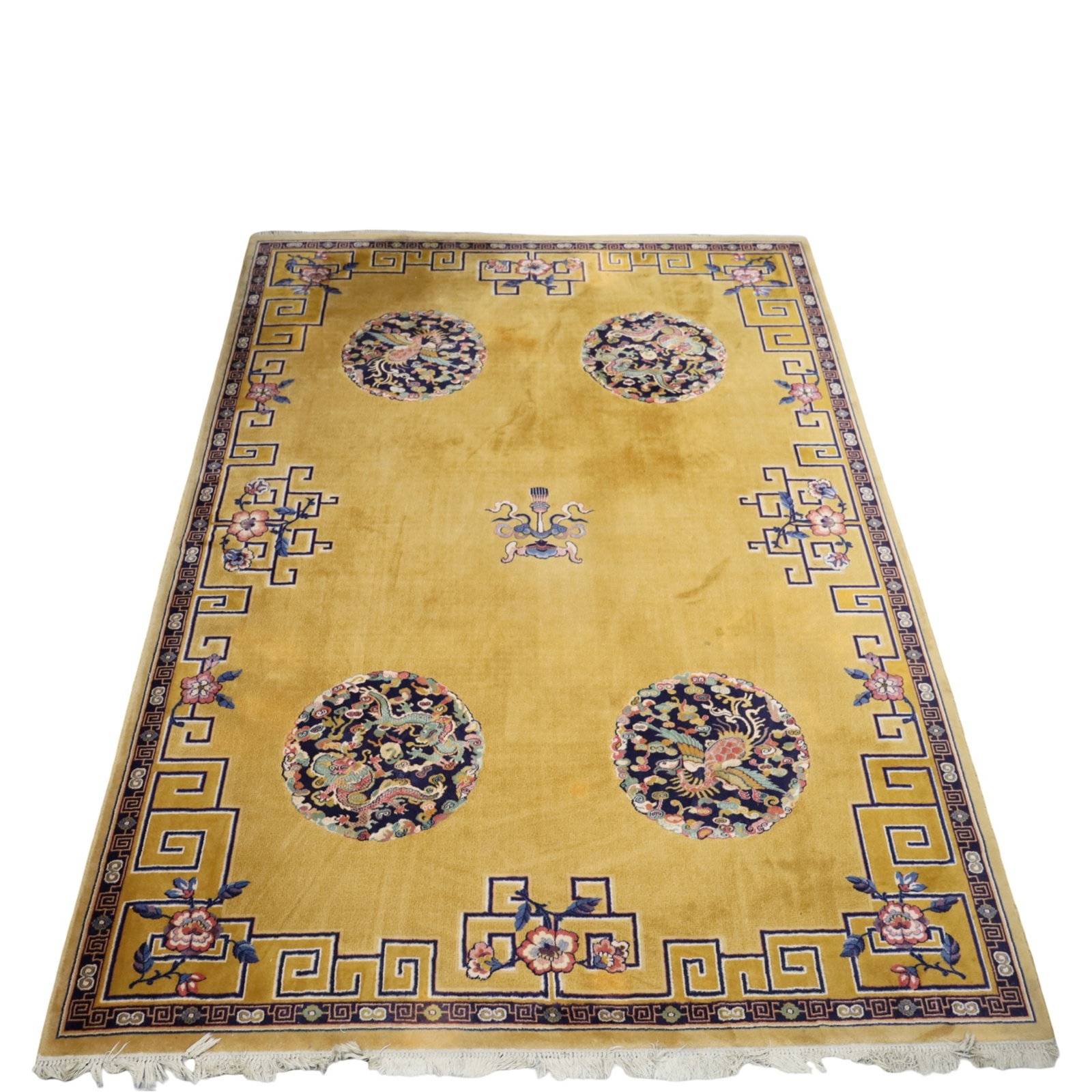 CHINESE ART DECO RUG 11'7 X 8'3: Chinese Art Deco rug with pale yellow field with dragon medallions, outer border with floral and greek key design, early 20th century; 11'7 X 8'3