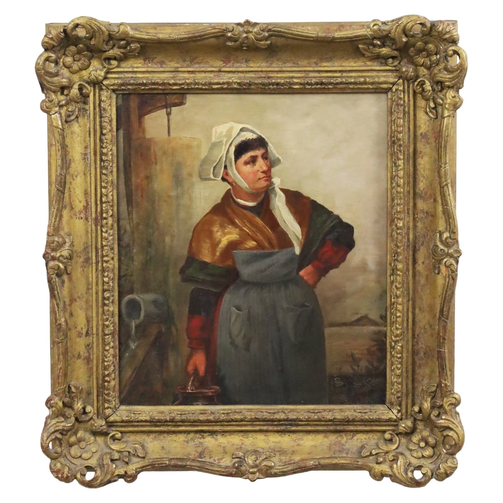 JOHN P. BURR (SCOTTISH, 1831-1893) THE MILKMAID: OIl on canvas painting titled "The Milkmaid" by John P. Burr (Scottish, 1831-1893), signed lower left, mounted in ornate giltwood frame; 14"H 12"W canvas 19.25"H 17.25"W overall