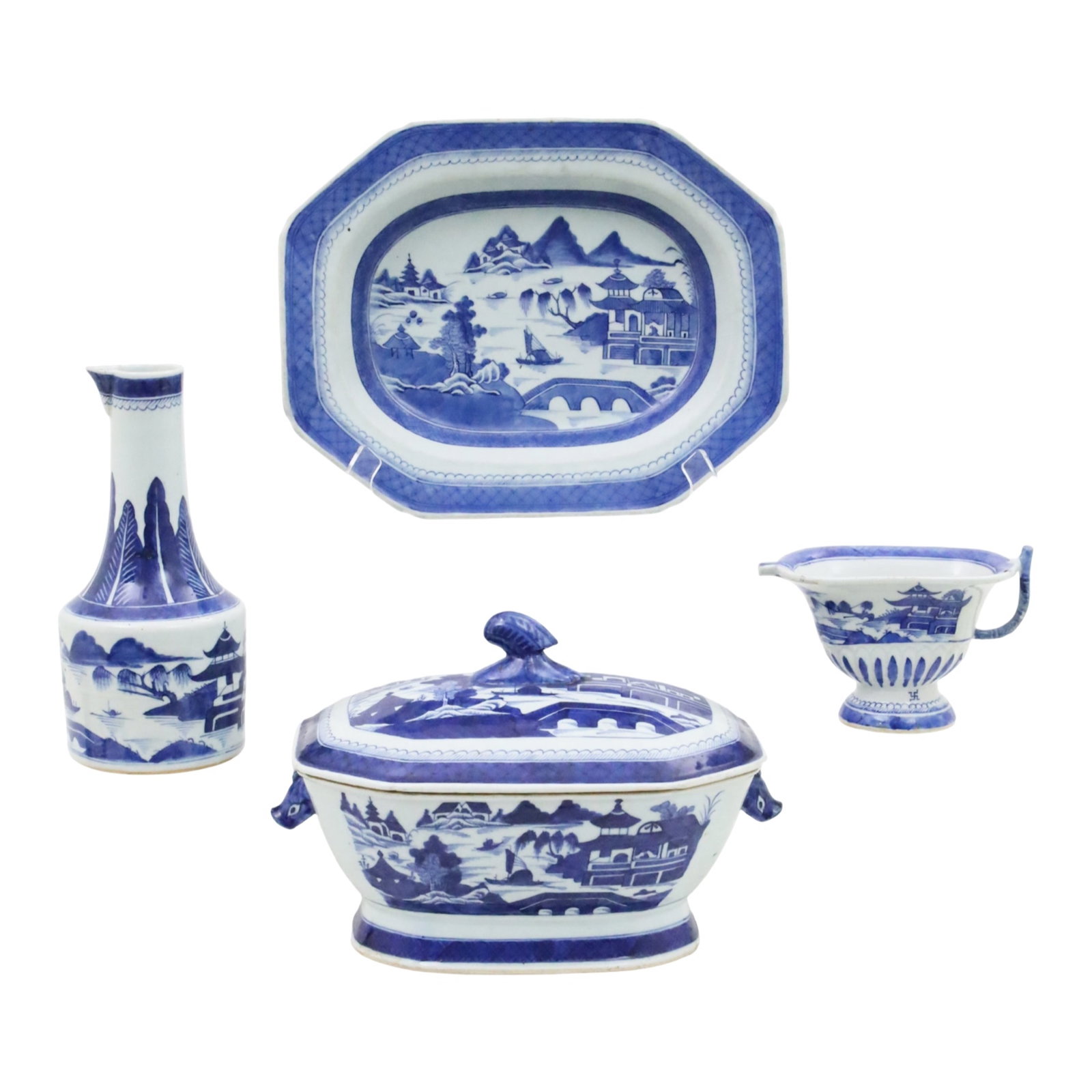 4PC LOT OF CHINESE EXPORT PORCELAIN: Four piece lot of Chinese blue and white export porcelain, Canton palette, including a tureen, platter, bottle vase, and footed creamer, late19th/early 20th century; platter 14" x 11", tureen 9"H 13"W