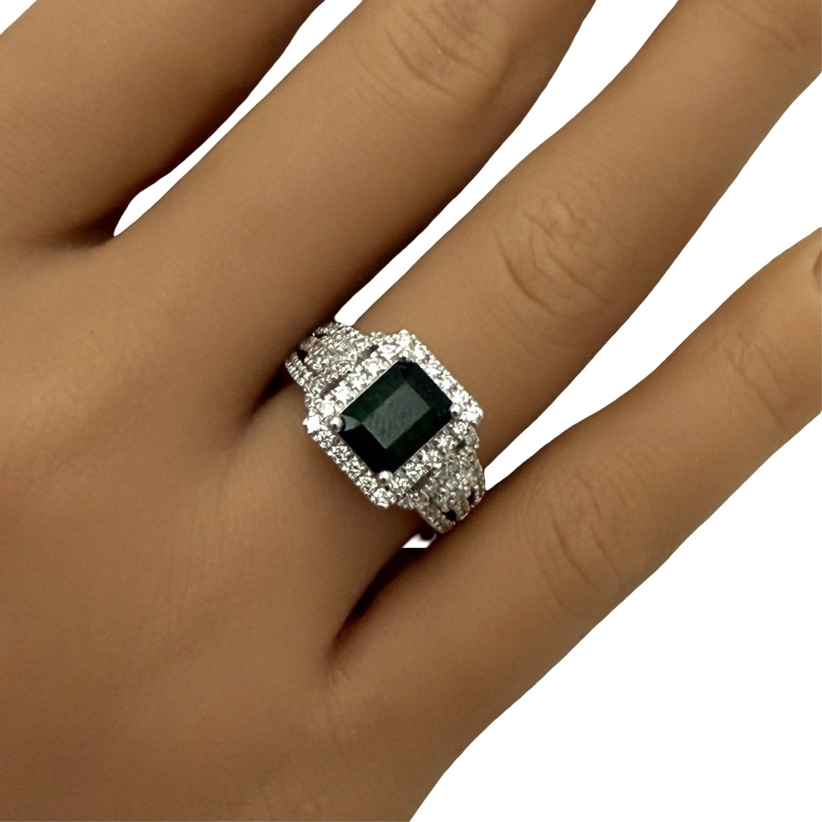PLATINUM EMERALD AND DIAMOND RING: Platinum emerald ring with 1.61ct center stone surrounded by .75cts of round diamonds. gross weight 7.7grams. size 6.5 Please see all photos and appraisal. Note: this lot must be paid with bank wire t