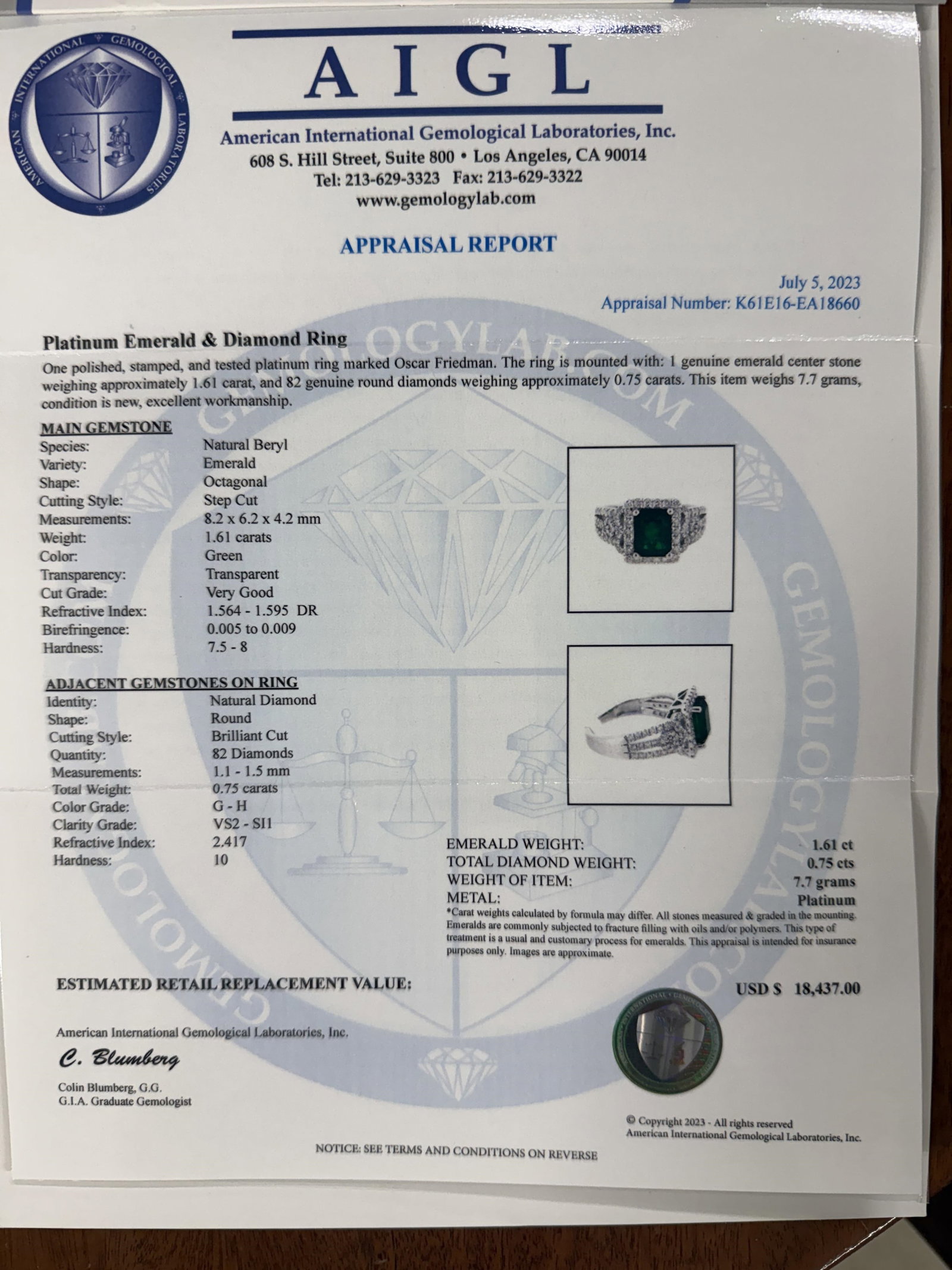 PLATINUM EMERALD AND DIAMOND RING - 5
