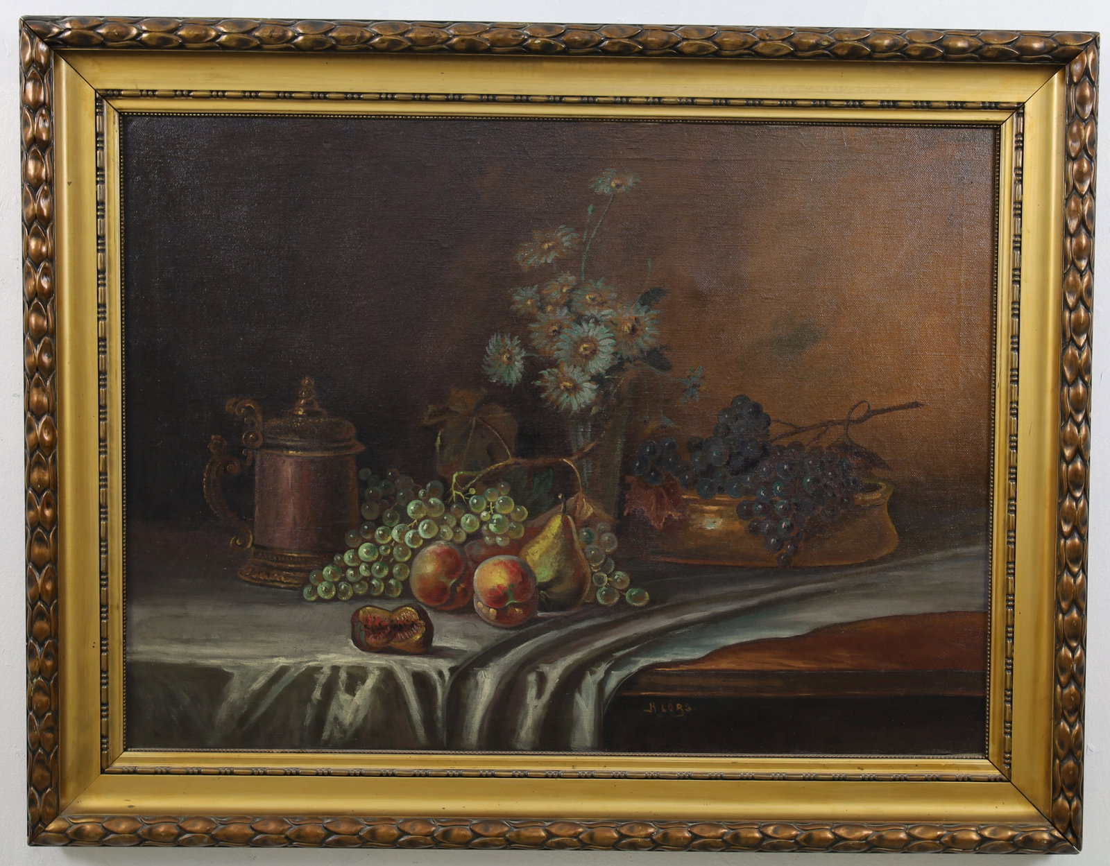 SIGNED GERMAN SCHOOL OIL ON CANVAS STILL LIFE: German school oil on canvas still life painting, signed K. Lors lower right, mounted in giltwood frame, early to mid 20th century; 36"H 46"W overall