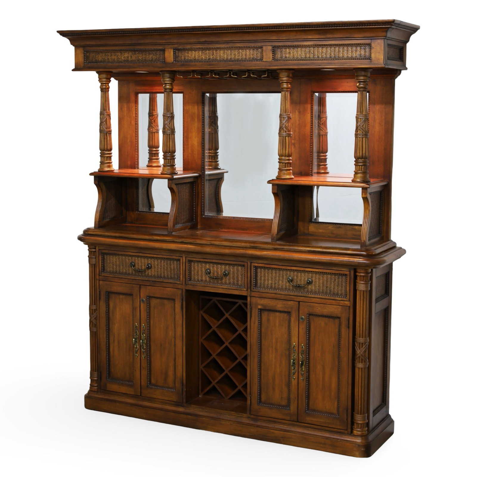 COCKTAIL HUTCH CABINET: Quality cocktail hutch cabinet, mirror gallery with touch lighting and column supports, the case with basket weave trim and drawers, lower cabinet with inset wine rack, 20th century; 87"H 70"W 18"D