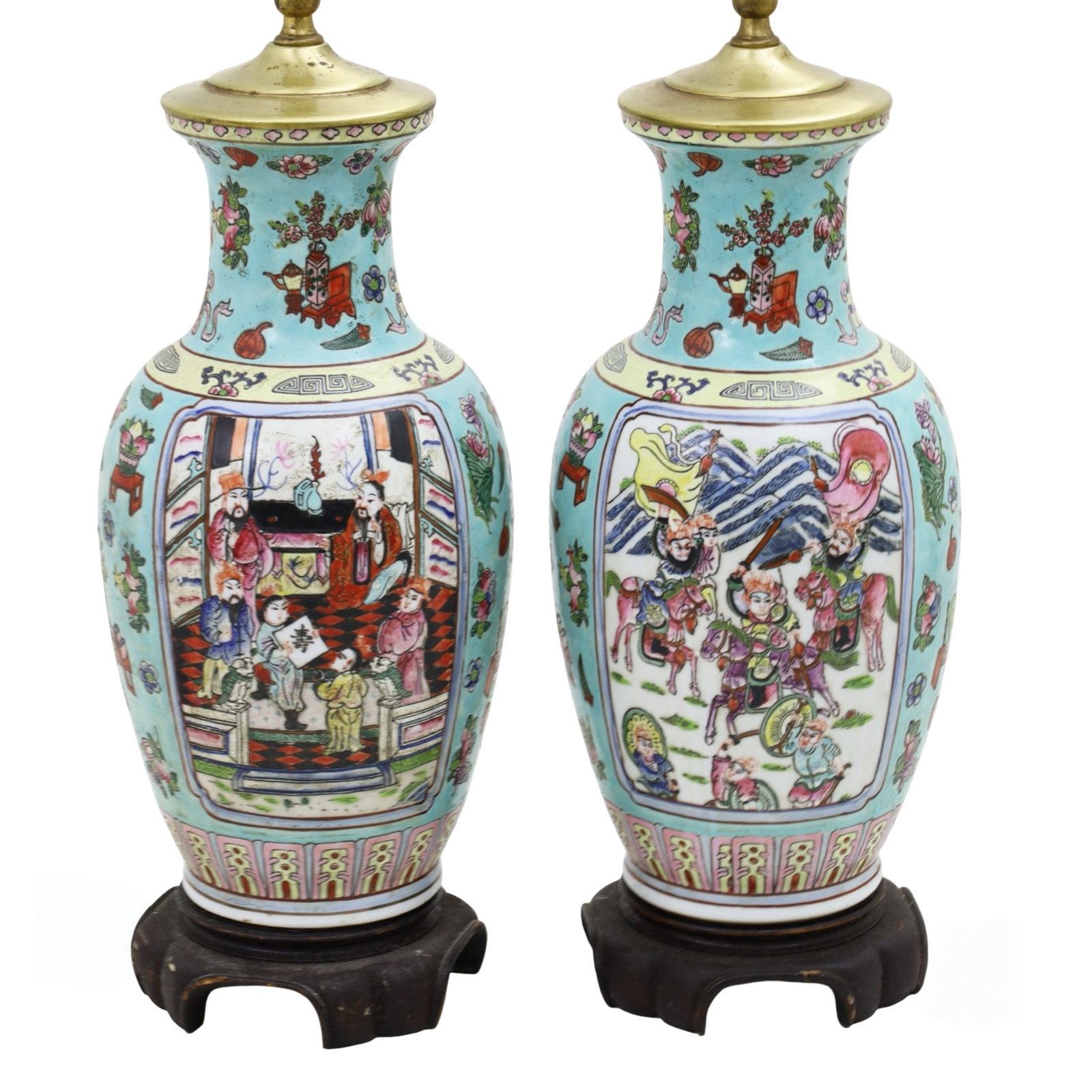 PR ROSE FAMILLE VASES, REPUBLIC PERIOD, AS LAMPS: Pair of Chinese rose famille porcelalin vases with figural reserves, Republic Period, now mounted as lamps; 31"H overall
