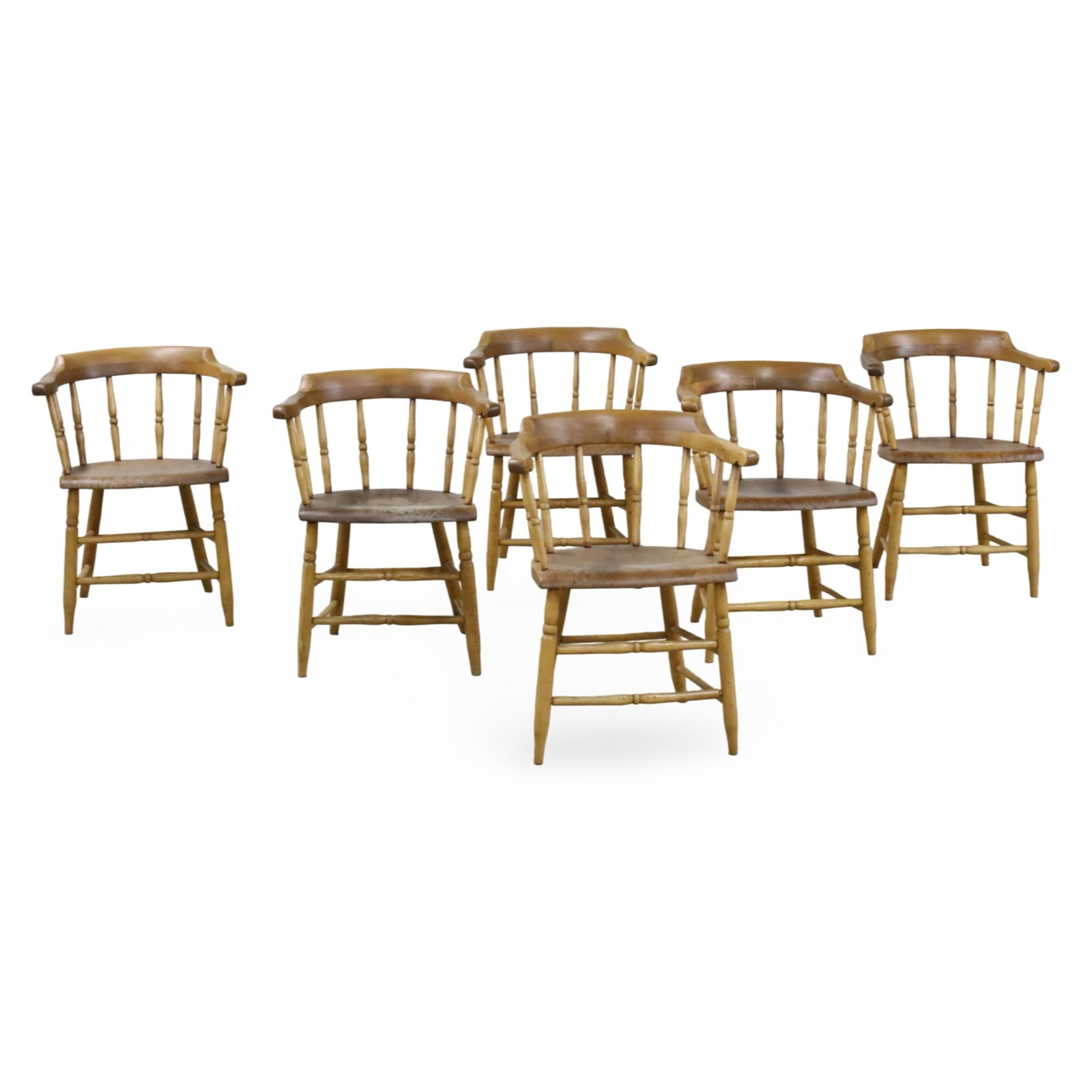 SET OF 6 ENGLISH TAVERN CHAIRS: Set of six English barrel back tavern chairs, early 20th century; 28.5"H 18"W 16"D