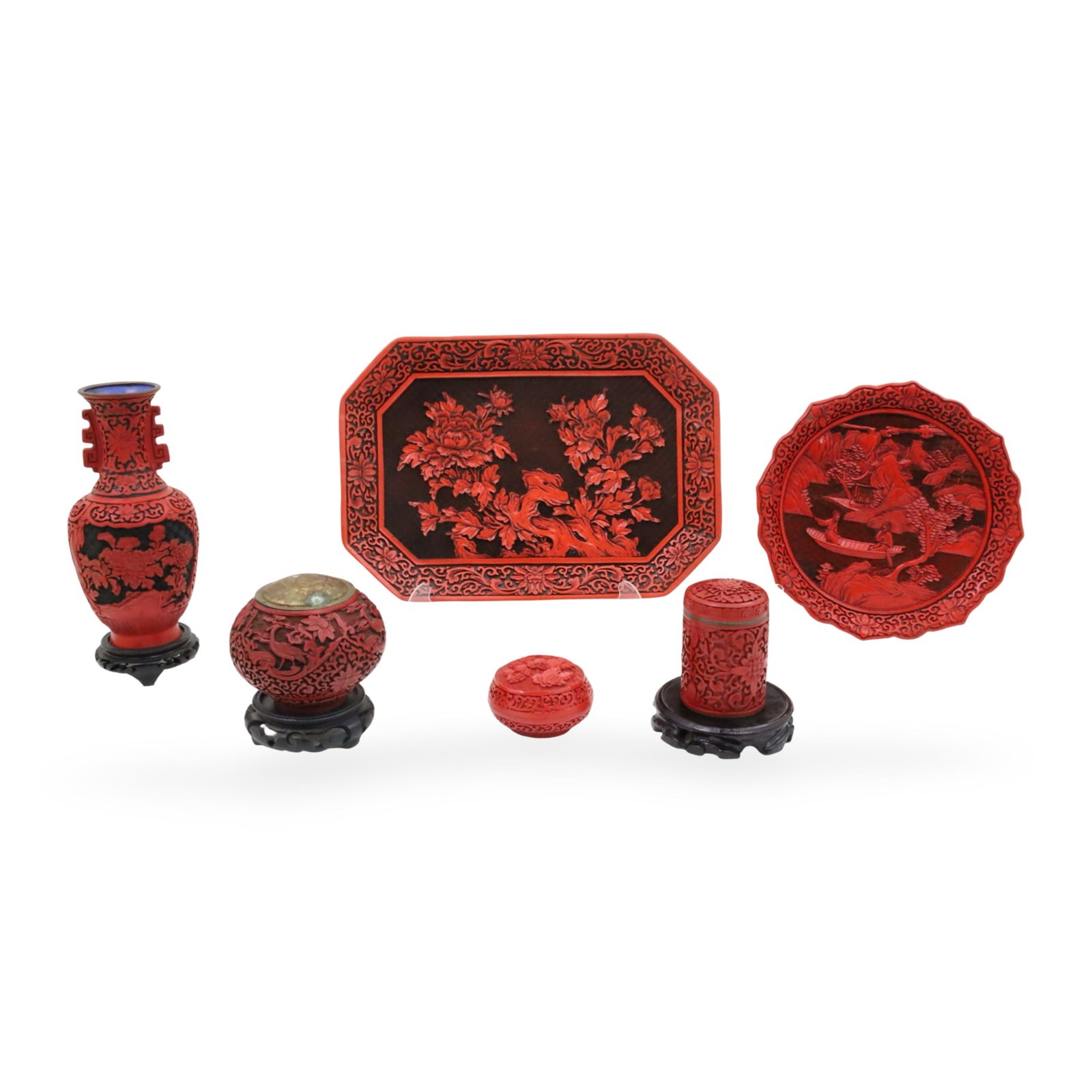 6PC LOT OF CHINESE CINNABAR LAQUERWARE: Six piece lot of Chinese cinnabar lacquerware items including platter, plate, cabinet vase, and three cover boxes, early 20th century; platter 14" x 10", plate 9.5"