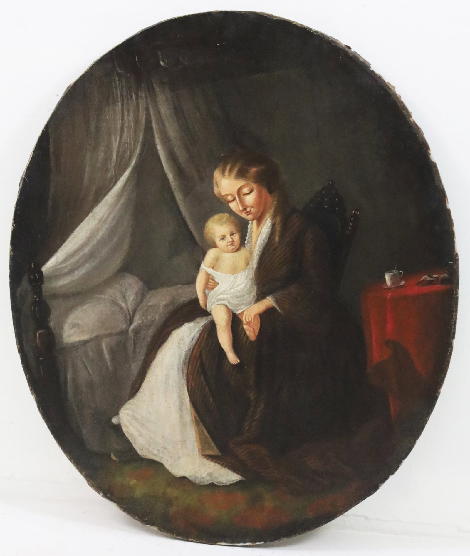 AMERICAN SCHOOL, MOTHER AND CHILD, 19TH C.: American school oil on canvas portrait of mother and child in an interior, unsigned, 19th century, conserved by Cumberland Art Conservation, 1996; 29.5"H 25"W
