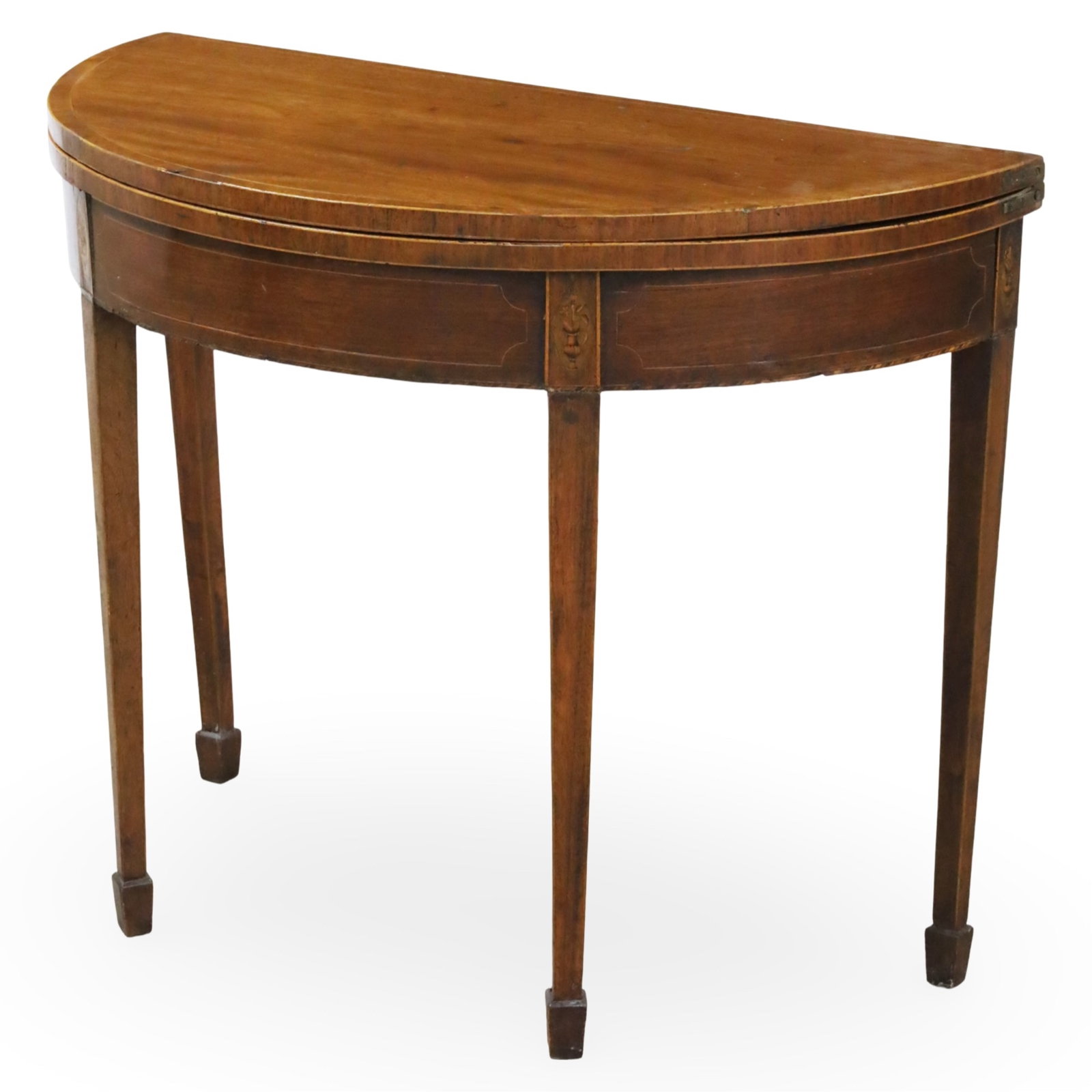 SHERATON INLAID DEMILUNE FLIP TOP TABLE: Sheraton English mahogany demilune flip top table having urn inlay decoration, raised on tapered legs on spade feet, 19th century; 29"H 36"W 18"D